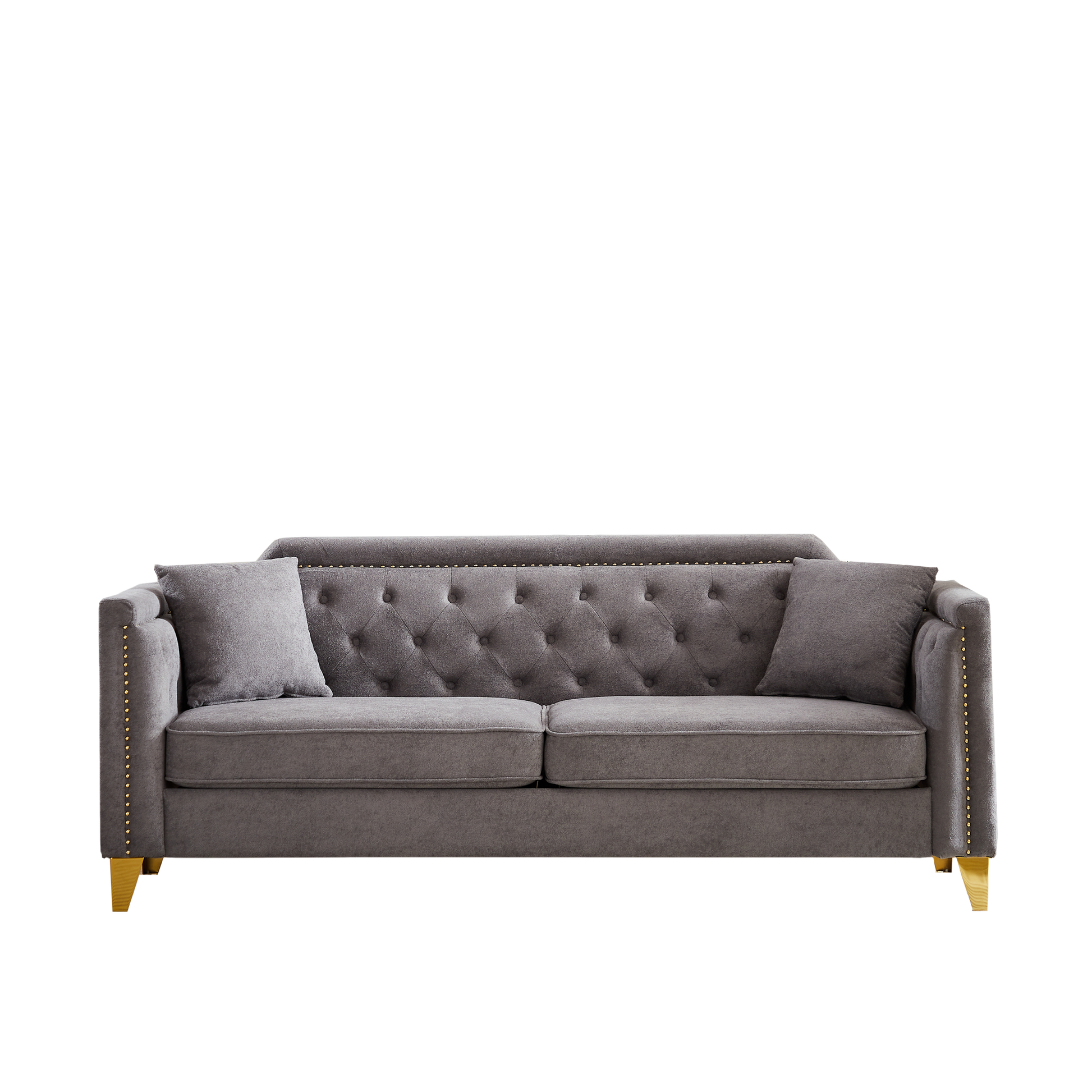 Fx 81"Mid Century Design Modern Sofa,Chenille Pull Buckle Design Sofa For Living Room,Buttons Tufted With Copper Nail Decoration Armrest, With 2 Pillows,Modern Couch Upholstered Button And Metal Leg Grey Chenille Pine Foam Fabric 3 Seat