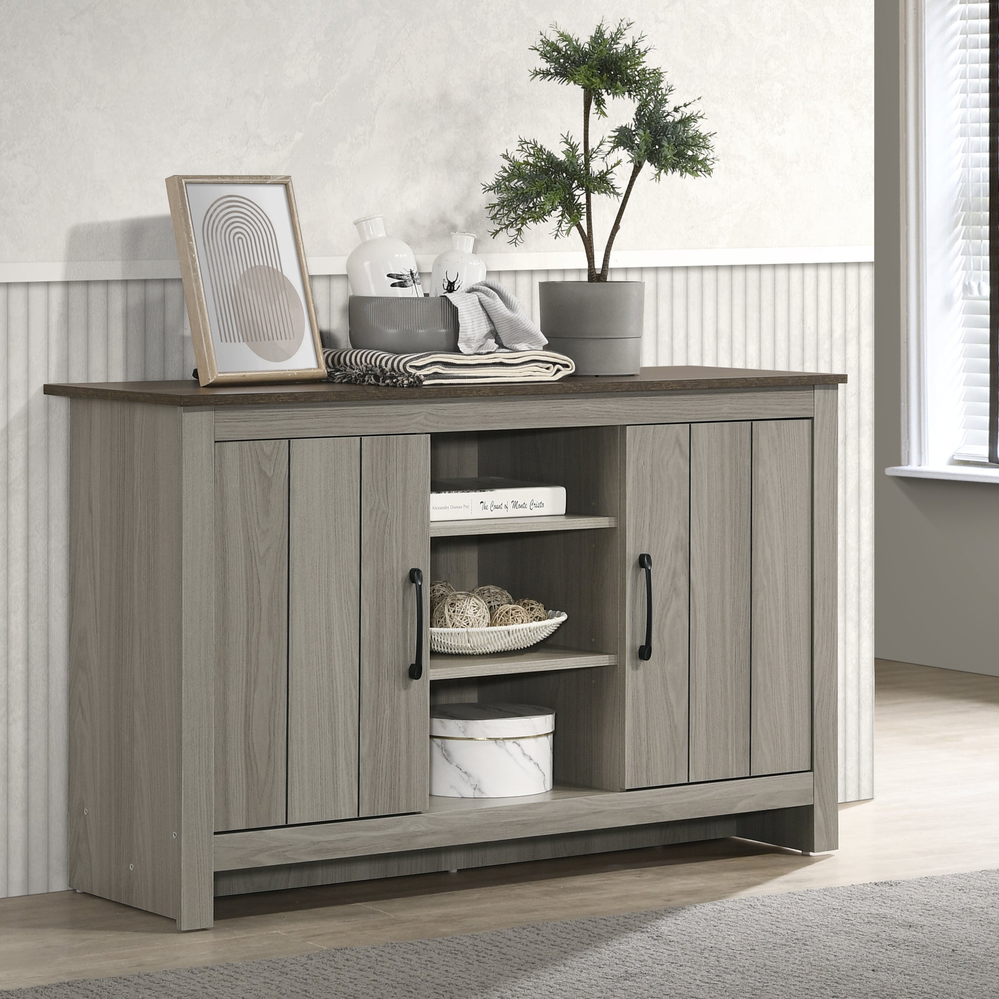 Nyla 47"W Gray Oak Console Table, Buffet Table, Sideboard With Shelves And Cabinet Doors Oak Engineered Wood
