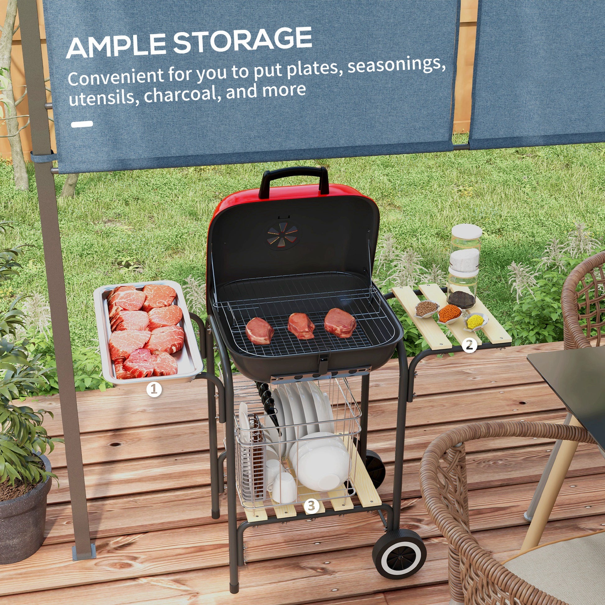 Outsunny 17" Portable Charcoal Grill With Wheels, 2 Side Tables And Bottom Shelf, Bbq With Adjustable Vents On Lid For Picnic, Camping, Backyard, Cooking, Red Red Steel