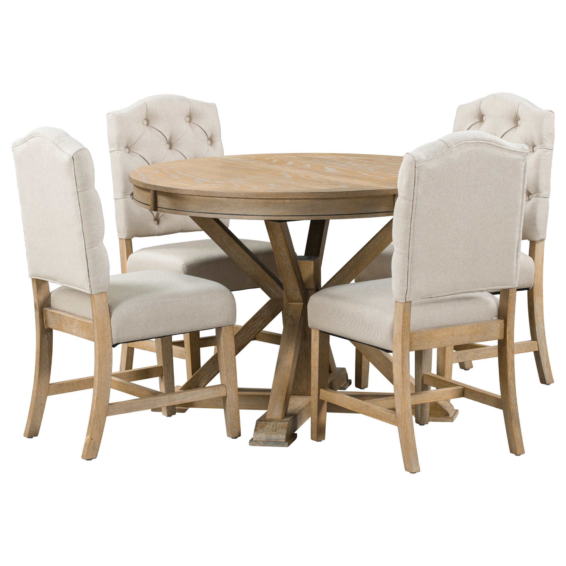 Functional Furniture Retro Style Dining Table Set With Extendable Table And 4 Upholstered Chairs For Dining Room And Living Room Natural Wood Wash Natural Wood Wash Solid Wood