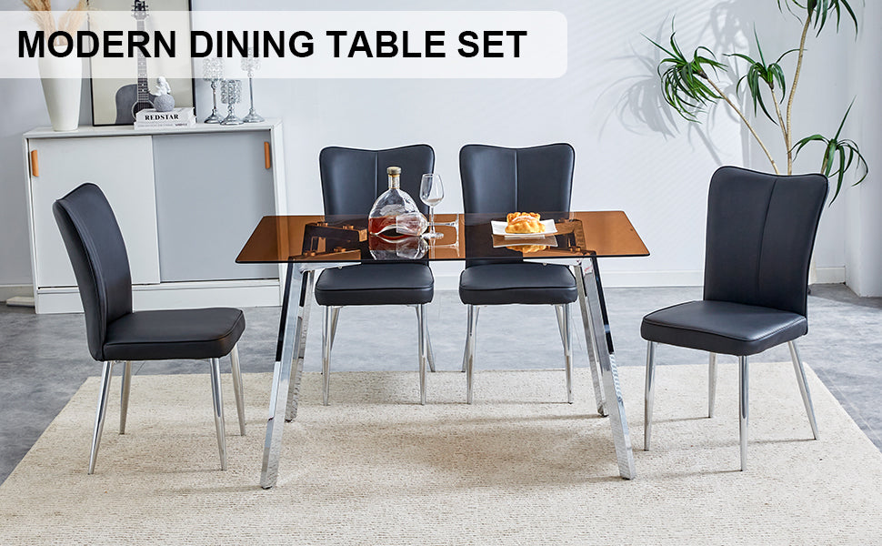 Table And Chair Set. Large Modern Rectangular Table With Brown Glass Top And Silver Metal Legs. It Comes With Soft And Comfortable Pu Seats, Faux Leather Upholstered Seats And Silver Metal Legs. Black,Brown Seats 4 Glass Metal