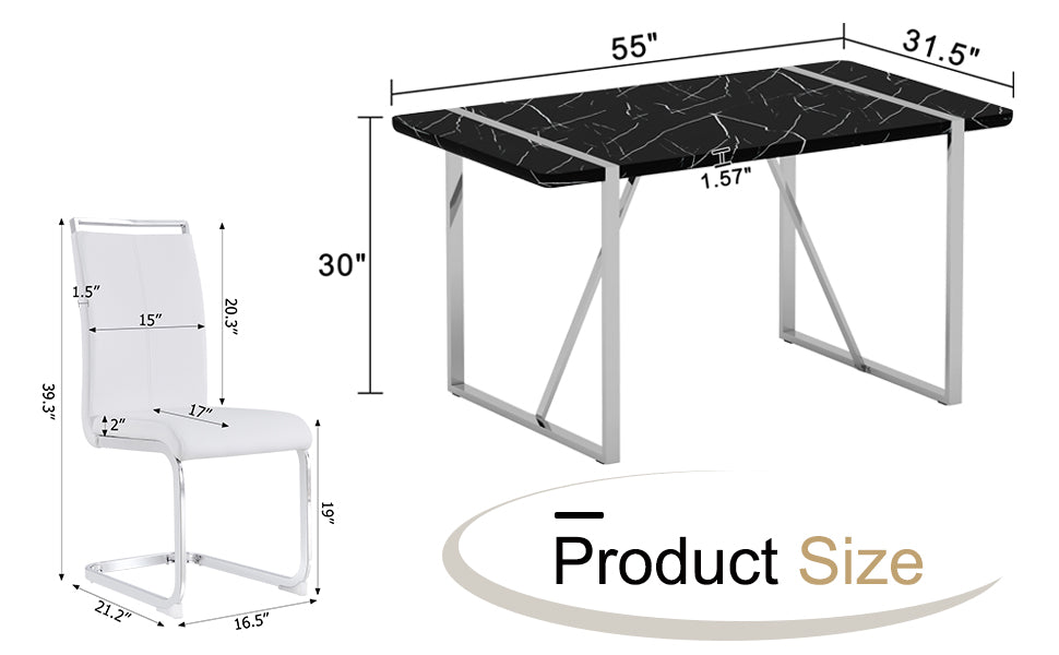 Table And Chair Set.A Rustic Industrial Rectangular Mdf Black Dining Table With Mdf Desktop And Electroplated Silver Metal Legs.Paried With 4 Chairs With Pu Cushion And Metal Legs. White Black Seats 4 Mdf Metal