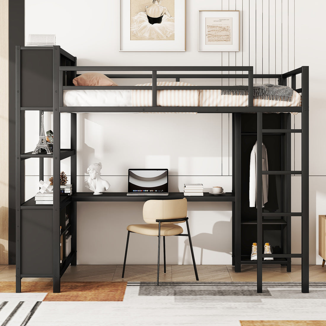 Metal Loft Bed With Wardrobe And L Shaped Desk, Full Size Loft Bed With Storage Cubes And Shelves, Heavy Duty Loft Bed For Kids Teens Adults, Black Pre Sale Date: August 10Th Full Black Metal