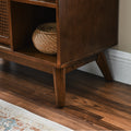 Mid Century Modern Rattan Sideboard Cabinet, Buffet Cabinet For Entryway Hallway Living Room Kitchen Dining Room Bedroom, Adjustable Shelf & Solid Wood Feet & Rattan Cabinet Doors Dark Wood Walnut