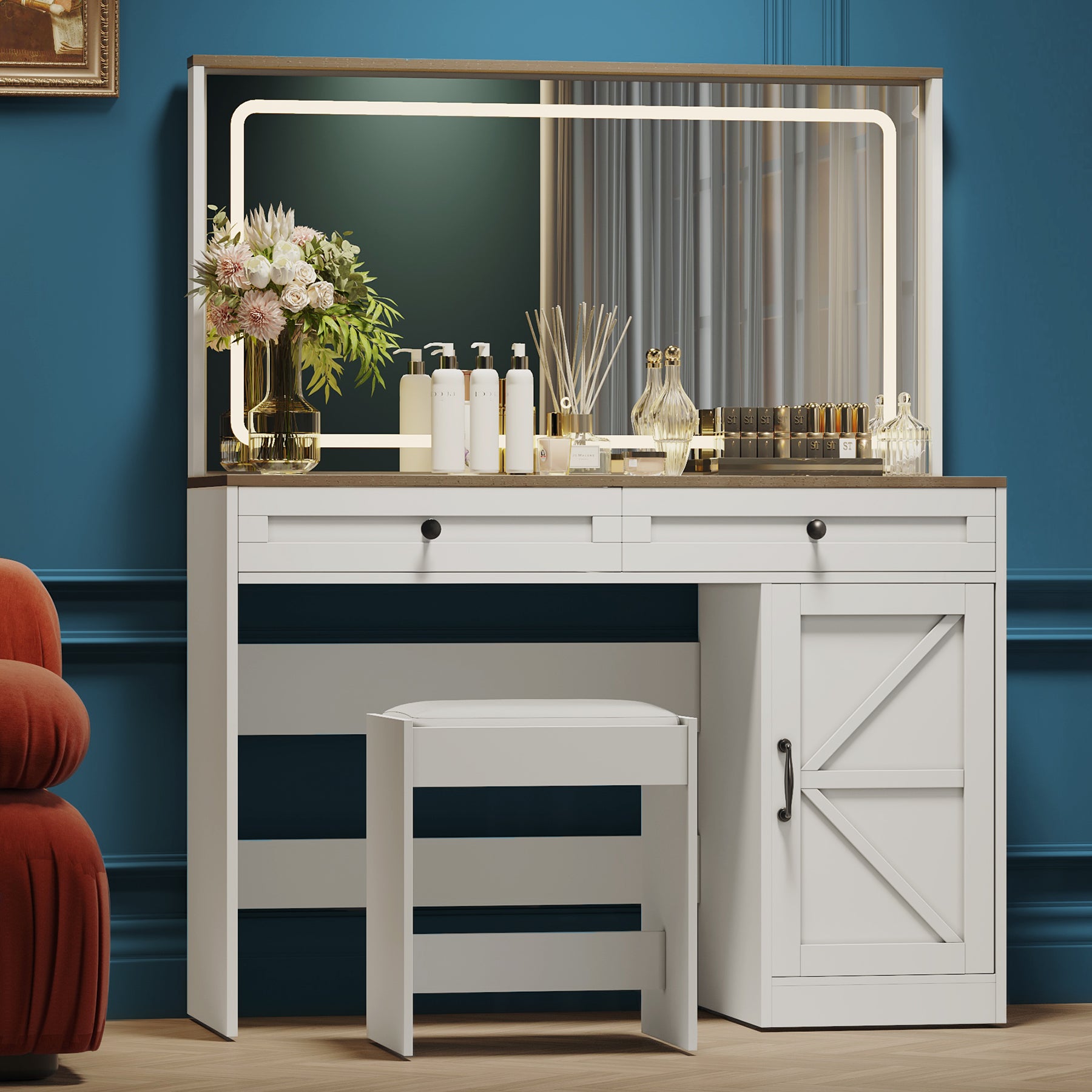 43.3"Makeup Vanity Table, Makeup Table With Large Mirror And Led Light Strip, Brightness Adjustable, Dressing Table Desk With 3 Drawers, Vanity Desk For Women White With Stool White Particle Board