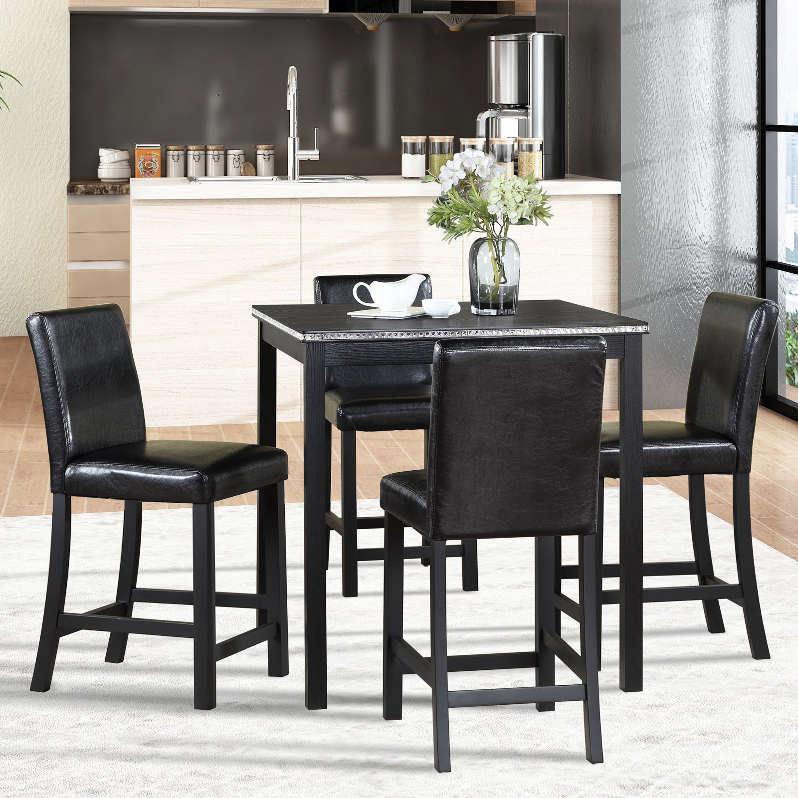 5 Piece Counter Height Table Set, Wooden Kitchen Table Set With Square Table And 4 Upholstered Chairs, Counter Height Dining Table With Crystal Decoration And Chair Set For Kitchen, Dining Room,Black Black Seats 4 Dining Room 4 Leg Square Dining Table