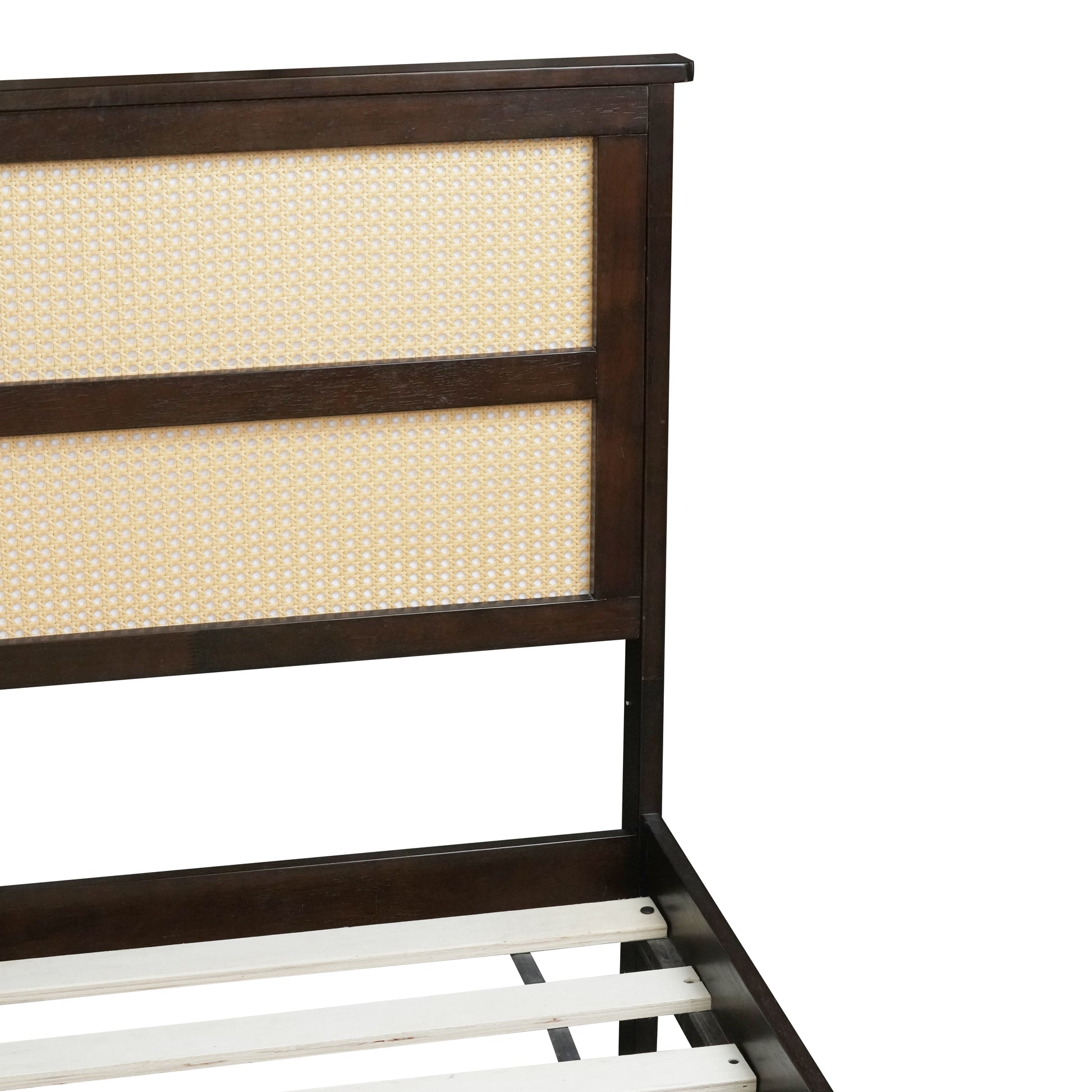 Queen Size Rubber Wooden, Solid Wooden Bed With Rattan Headboard, Enhanced By Support Feet,Espresso Queen Espresso Rubber Wood