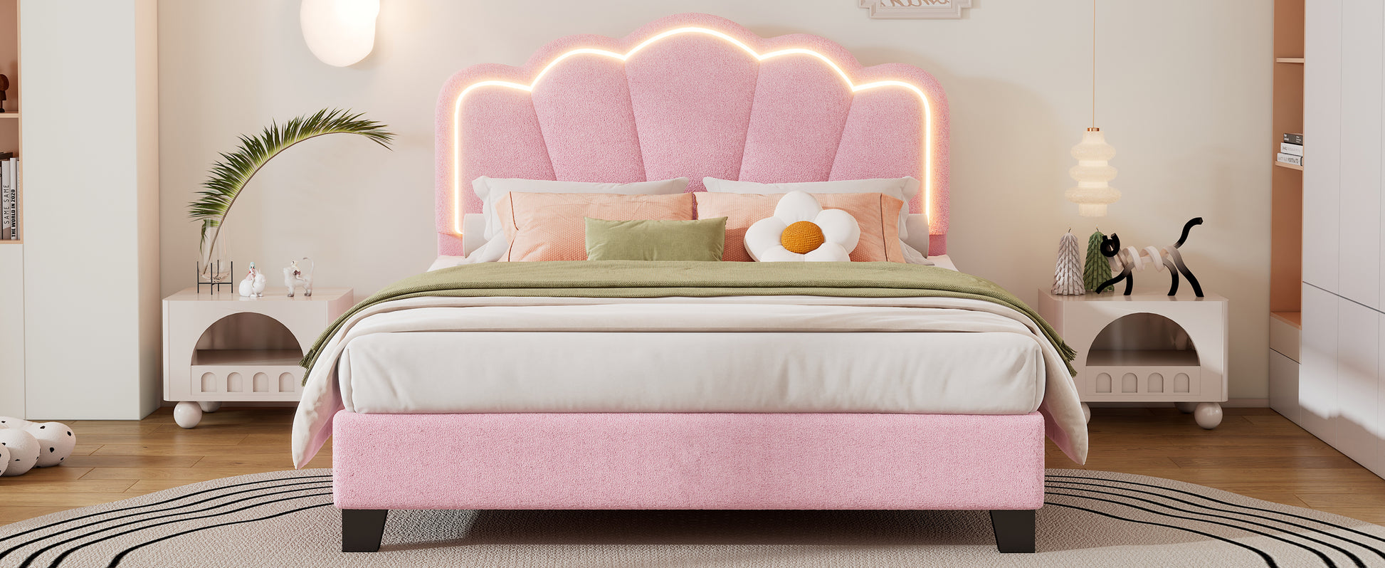 Full Size Upholstered Flower Shape Bed, Elegant Flowers Headboard With Led Light Strip ,Sherpa Fabric Platform Bed With Wooden Slats Support, Pink Full Pink Wood