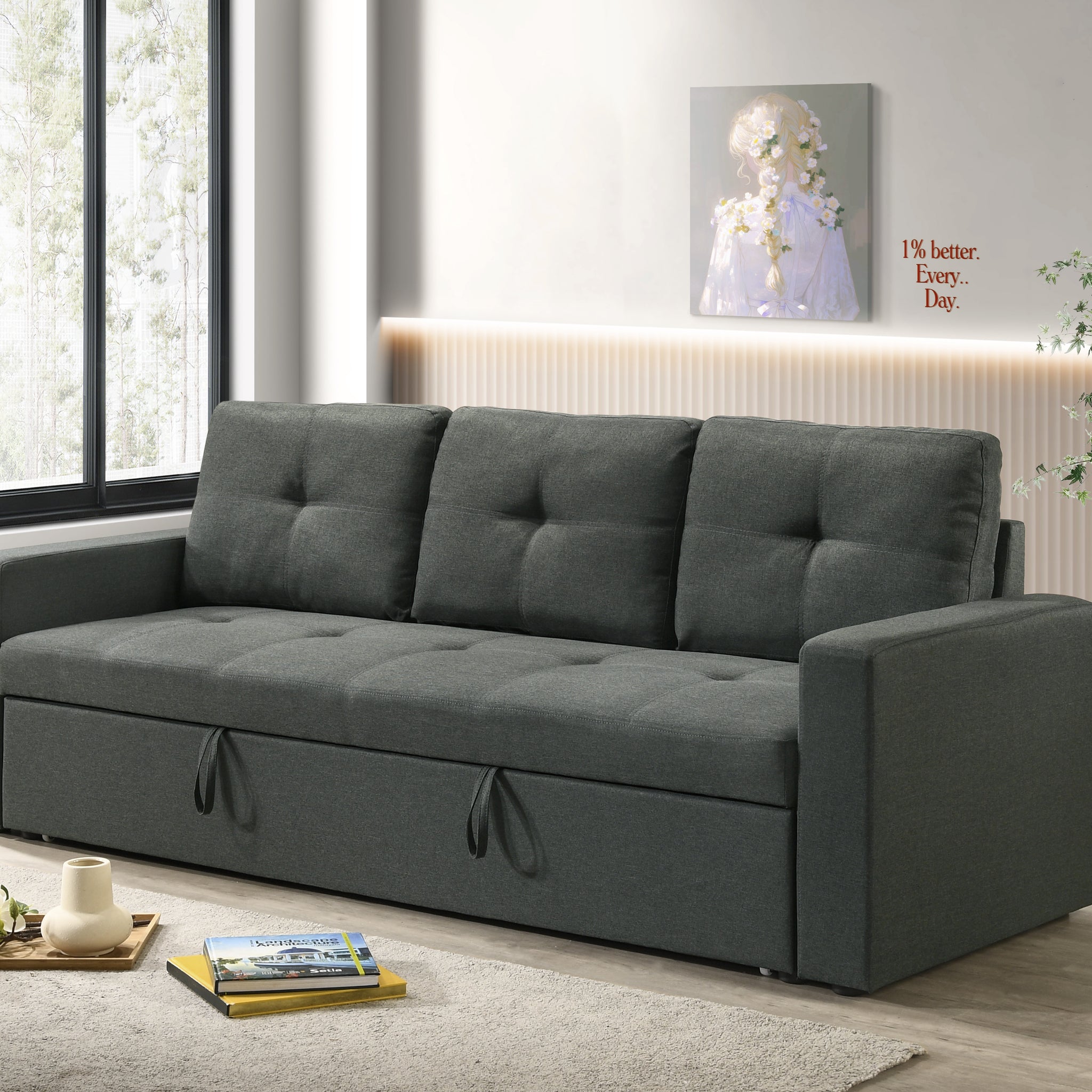 Burleigh 83.5"W Dark Gray Fabric Sleeper Sofa With Tufted Cushions Dark Gray Fabric 3 Seat