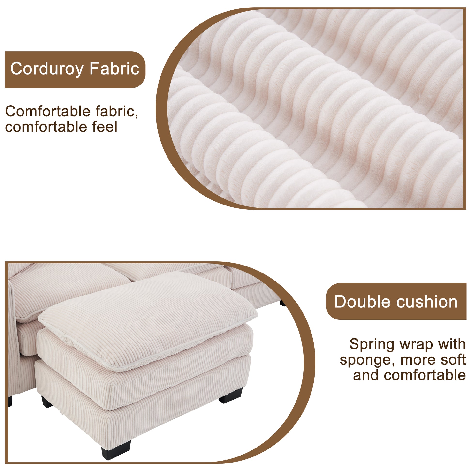 Modern U Shaped 6 Seat Sectional Sofa Couch With One Ottoman And Three Toss Pillows ,Modular Sofa For Living Room,Corduroy Sofa White Corduroy 7 Seat