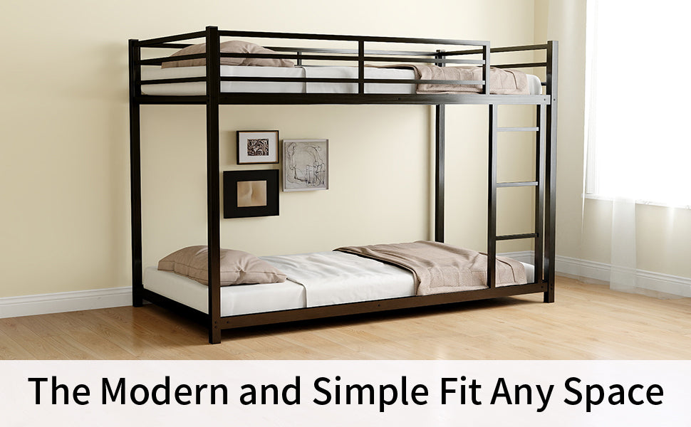 Metal Twin Over Full Bunk Bed Heavy Duty Sturdy Metal Noise Reduced Safety Guardrail No Box Spring Needed,Black Twin Black Metal Metal