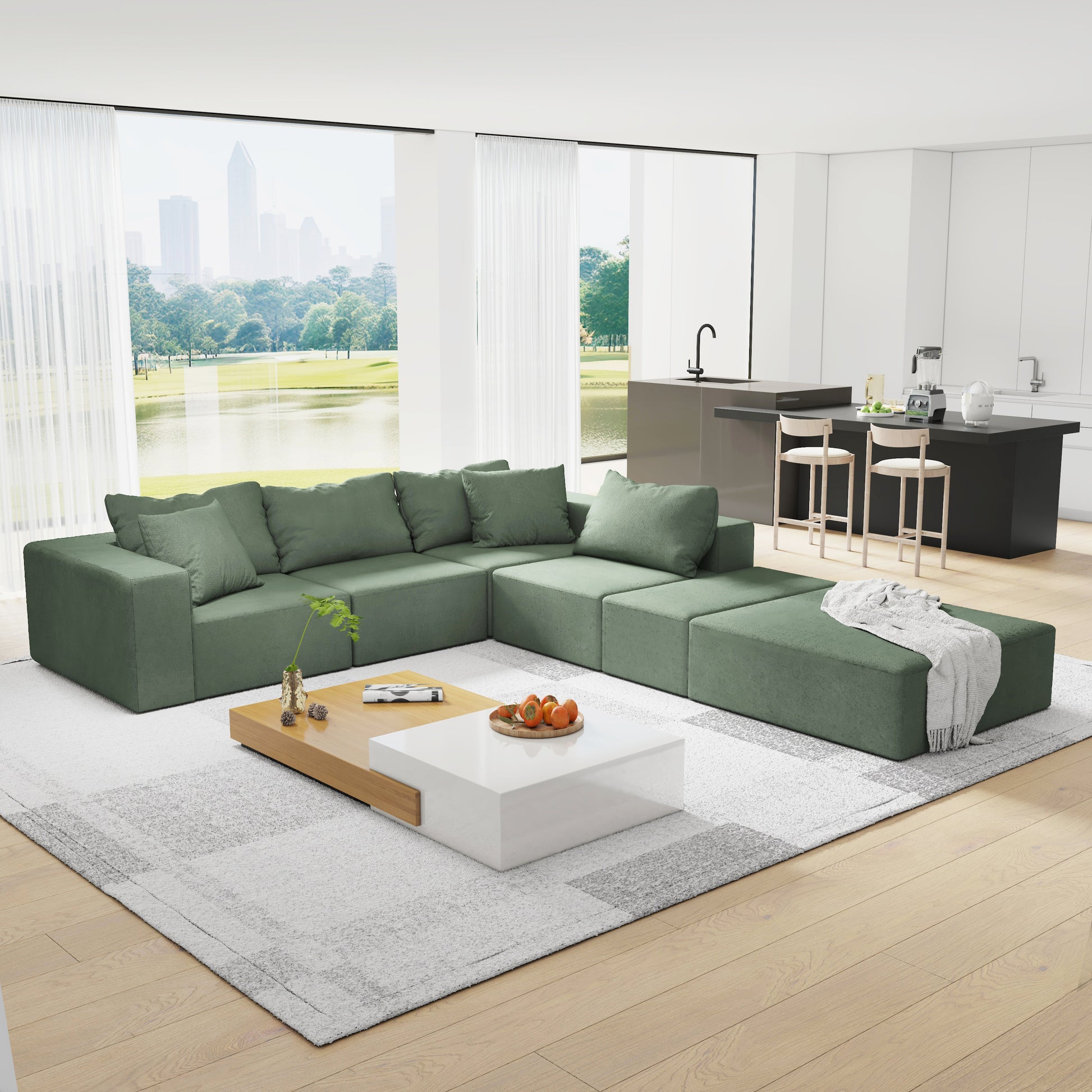 Modern Upholstered Sectional Sofa Couch Set,Modular 132" L Shaped Sectional Living Room Sofa Set With 6 Pillows,Free Combination Sofa Couch For Living Room,Bedroom Green Foam Chenille 6 Seat