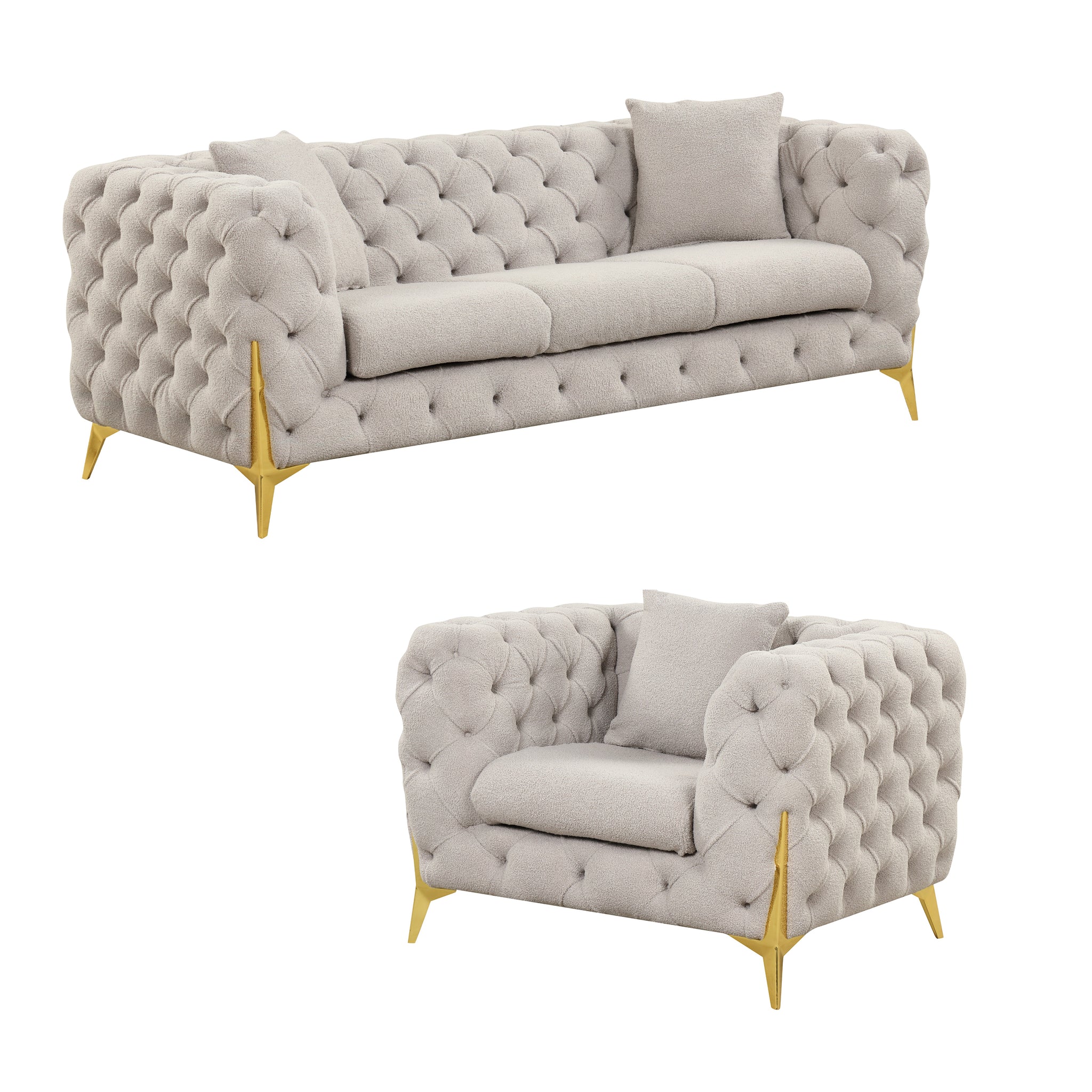 Contempo Buckle Fabric Modern Style 2Pc Sofa Chair Living Room Set Made With Wood In Light Gray Light Gray Velvet Primary Living Space Contemporary Faux Fur Wood 4 Seat