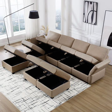 Adjustable Arms And Backs Sectional Sofa, Modern Sectional Couch U Shaped Sofa Couch With Storage Ottoman, Sofa With Convertible Chaise Brown Brown Polyester 4 Seat