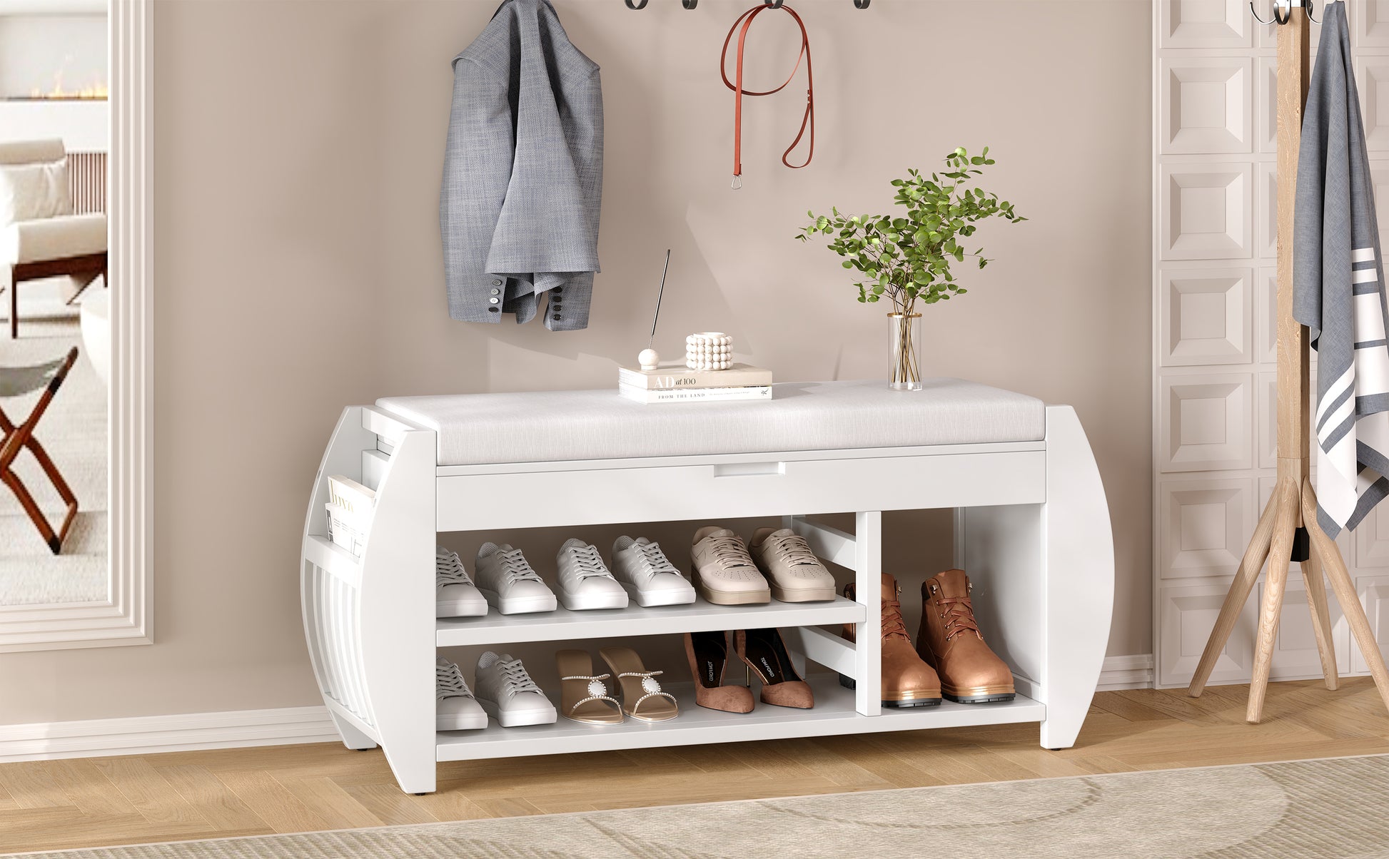 Retro Multifunctional Storage Bench With Cushion And Curved Side Panel For Entrance And Living Room Antique White Antique White Mdf