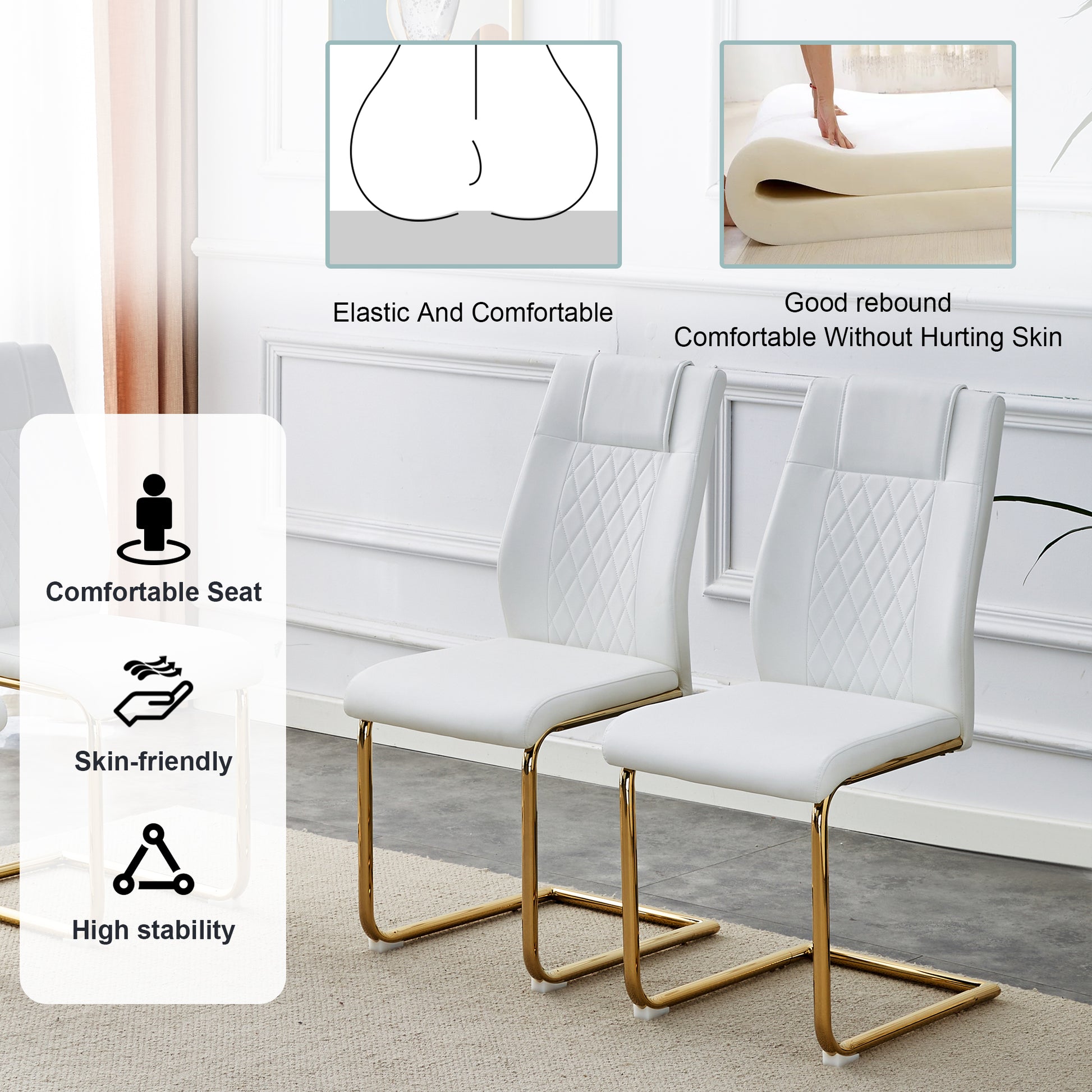 Table And Chair Set.Modern Rectangular Dining Table With Transparent Tempered Glass Tabletop And Gold Plated Metal Legs.Paried With 6 Comfortable Chairs With Pu Seats And Golden Metal Legs. Transparent,White Gold Seats 6 Glass Metal