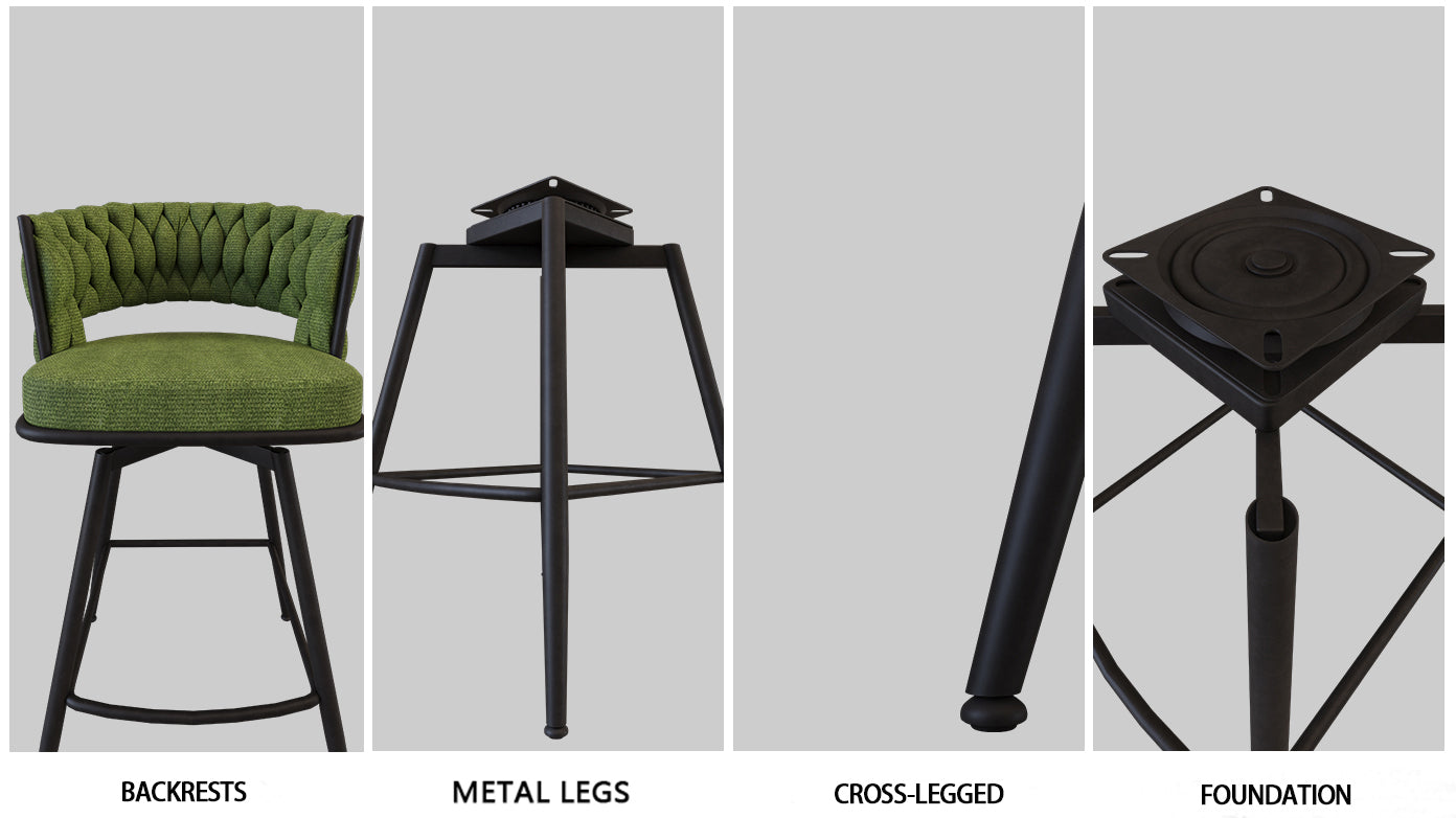 Bar Chair Linen Woven Bar Stool Set Of 4, Black Legs Barstools No Adjustable Kitchen Island Chairs,360 Swivel Bar Stools Upholstered Bar Chair Counter Stool Arm Chairs With Back Footrest, Green Green Foam Linen