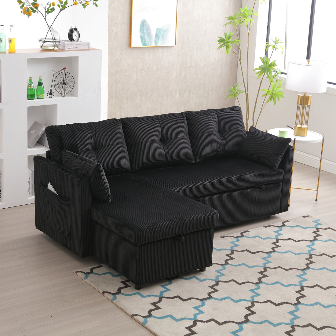 United We Win Furniture, Modular L Shaped Sofa, Modular Long Sofa With Reversible Chaise Lounge, Sofa Bed, Sleeper Sofa, Modular Sofa Combination With Storage Seats. Black Velvet 3 Seat