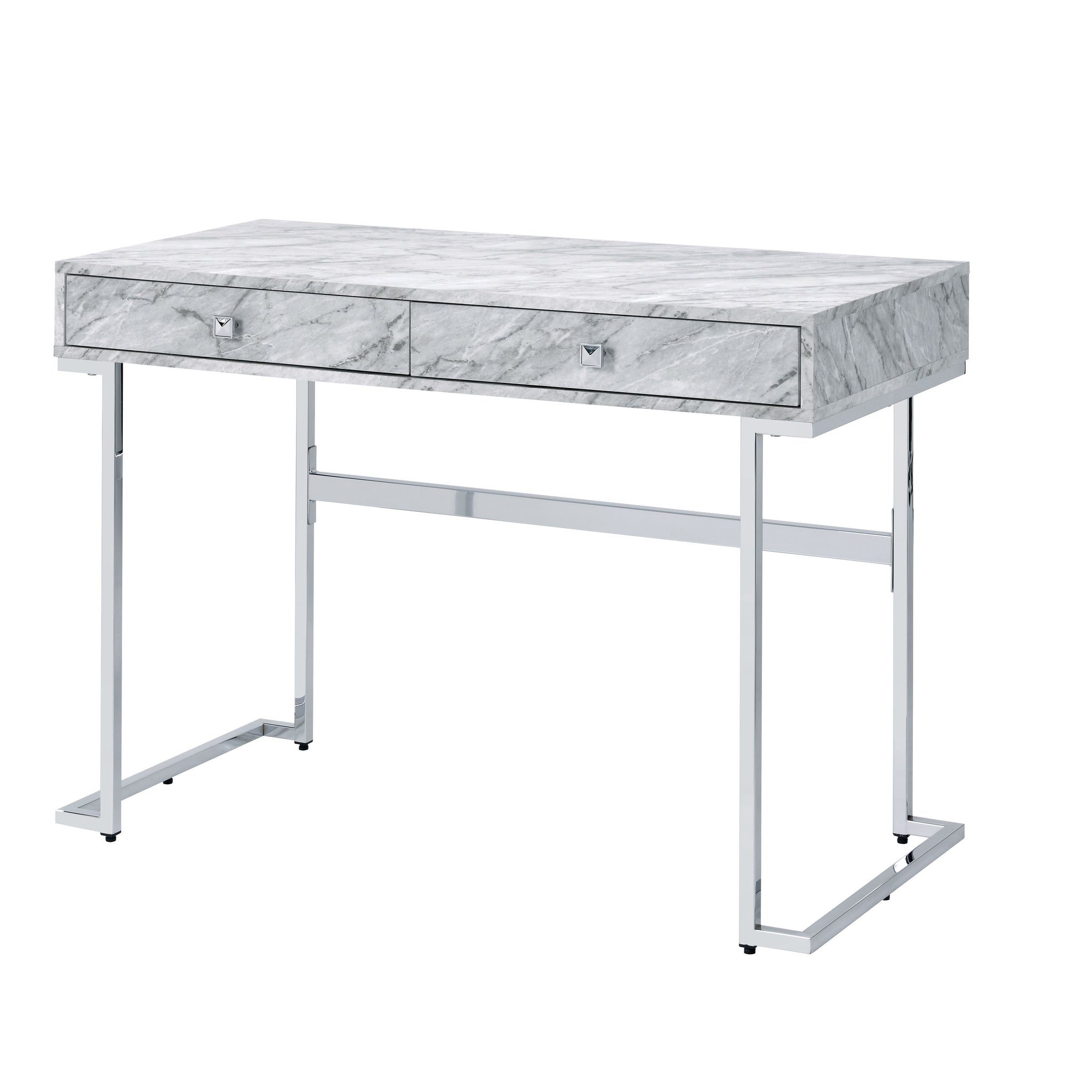 Tigress White Printed Faux Marble Top & Chrome Finish Writing Desk White Faux Marble