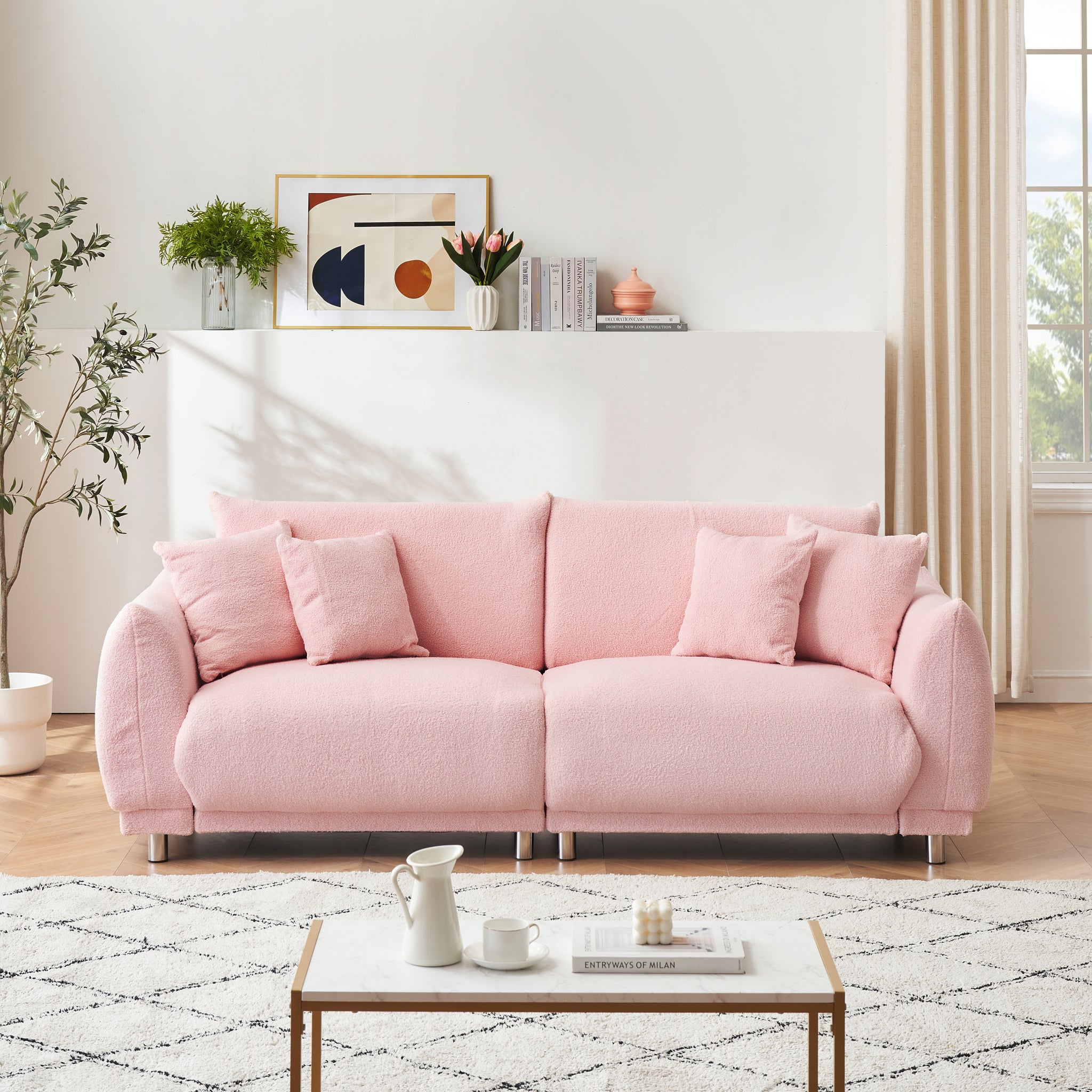 The 86.6 Inch Teddy Fleece Pink Sofa With Four Throw Pillows And Hardware Feet Can Sit Comfortably In An Apartment Bedroom Without Taking Up Space Pink Fabric 2 Seat