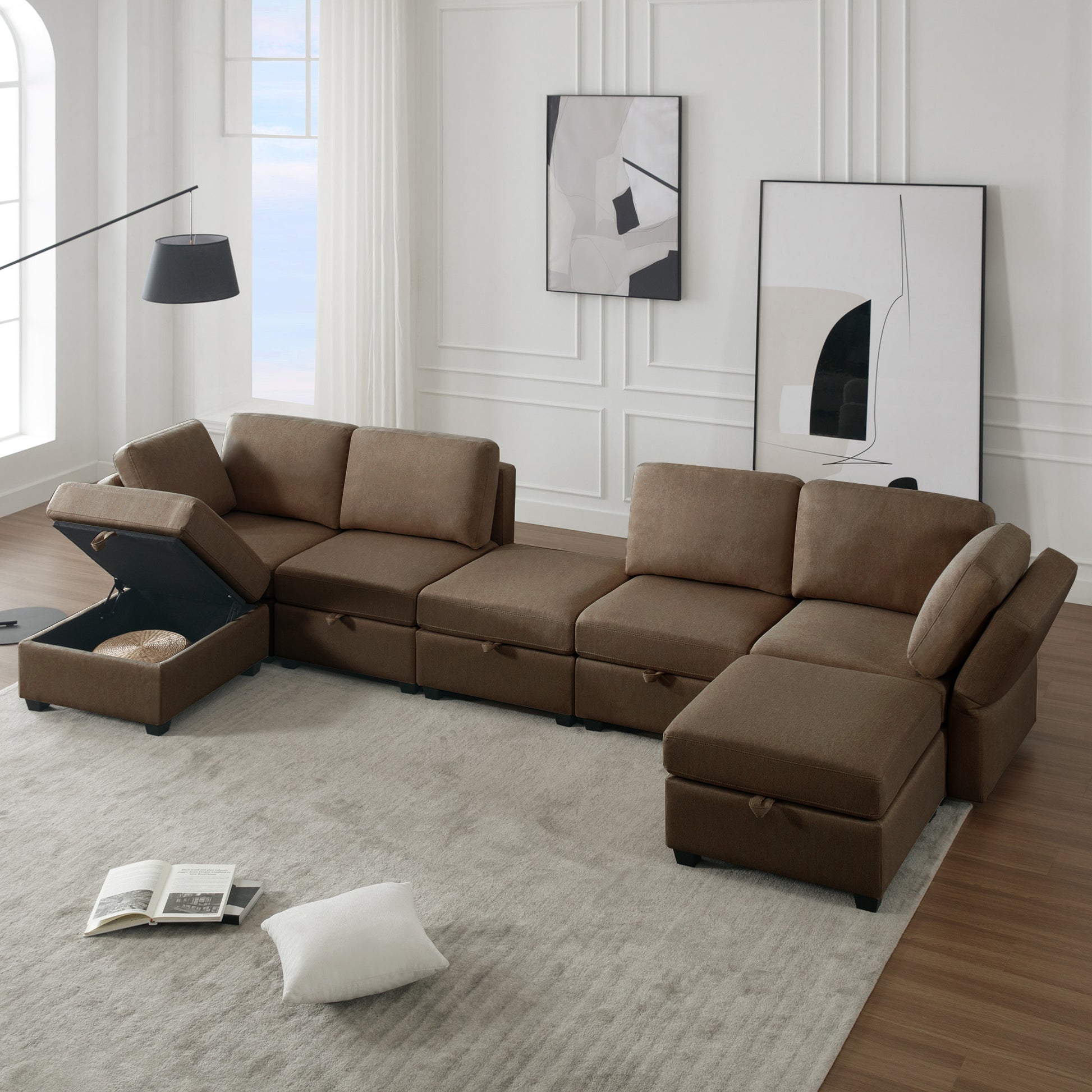 Free Combinations Storage Functional Modular Sectional Sofa With Thick Seat And Back Cushions Brown Polyester 4 Seat