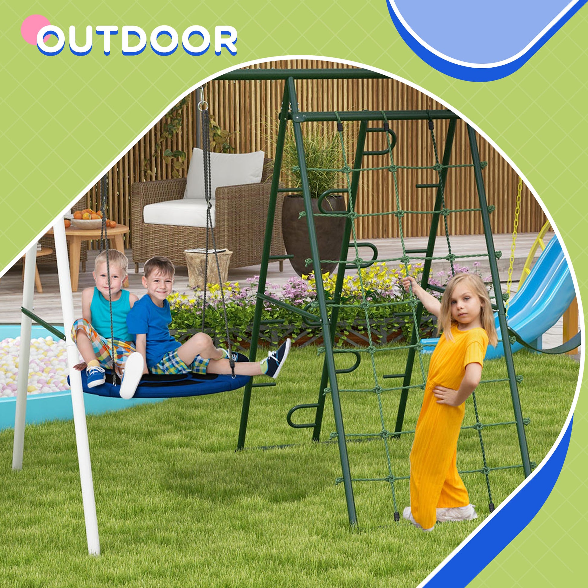 Outsunny 528 Lbs Swing Set For Backyard, 5 In 1 Heavy Duty A Frame Stand Outdoor Playset For Kids, With Saucer Swing, Slide, Swing Seats, Glider, Basketball Hoop, Climbing Steps And Net Green Steel