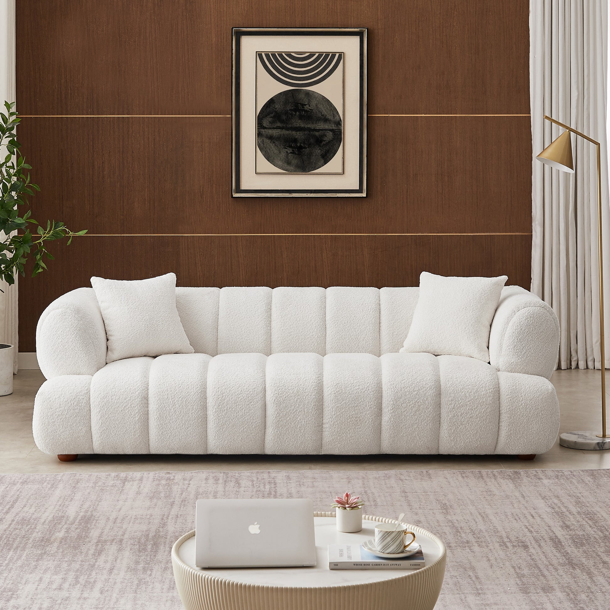 Jasmin 89.7'' Cream Boucle Sofa Cream Wood Primary Living Space Mid Century Modern Foam Boucle,Solid Wood 3 Seat