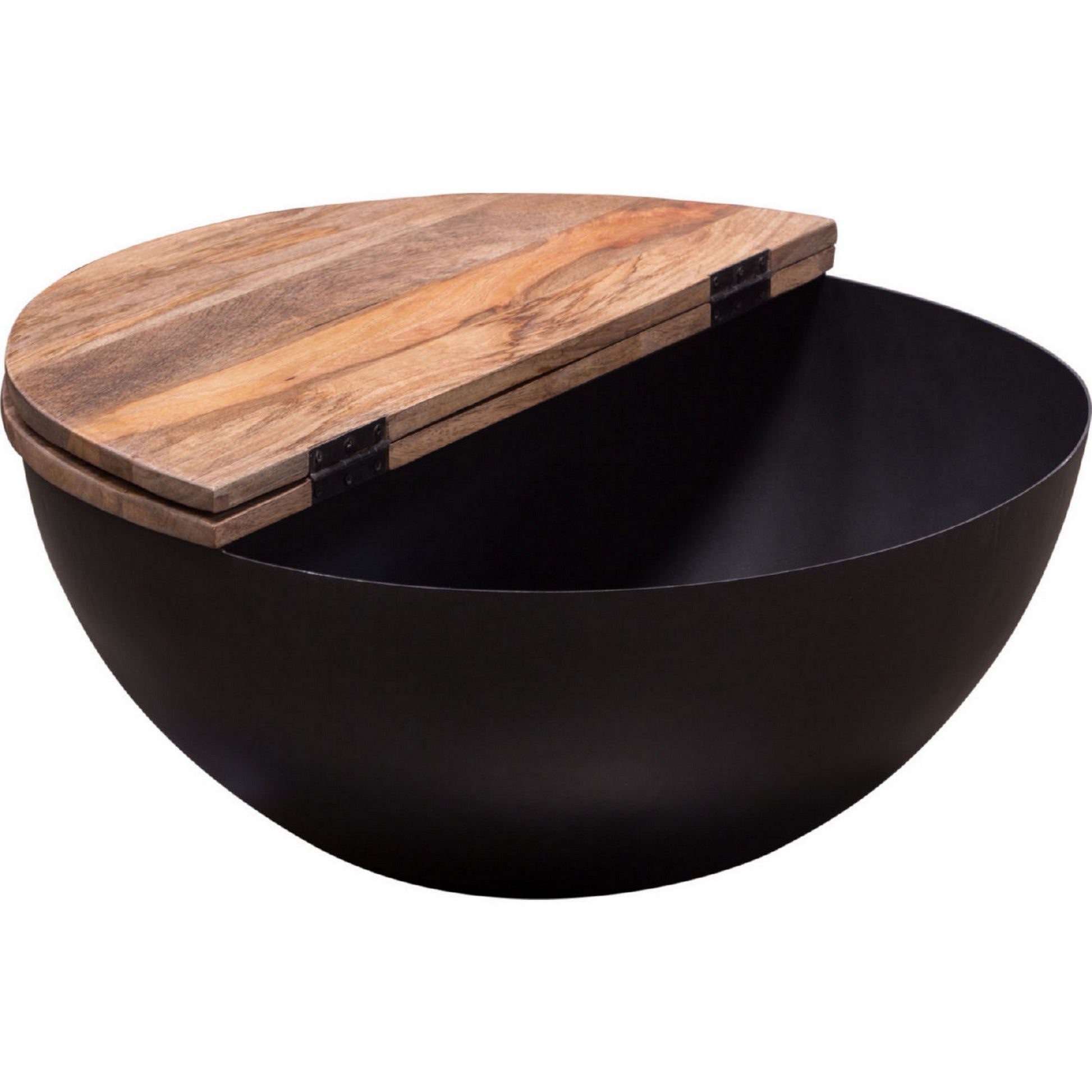 28 Inch Storage Coffee Table, Round Drum Silhouette, Brown Wood, Black Base Black Brown Wood