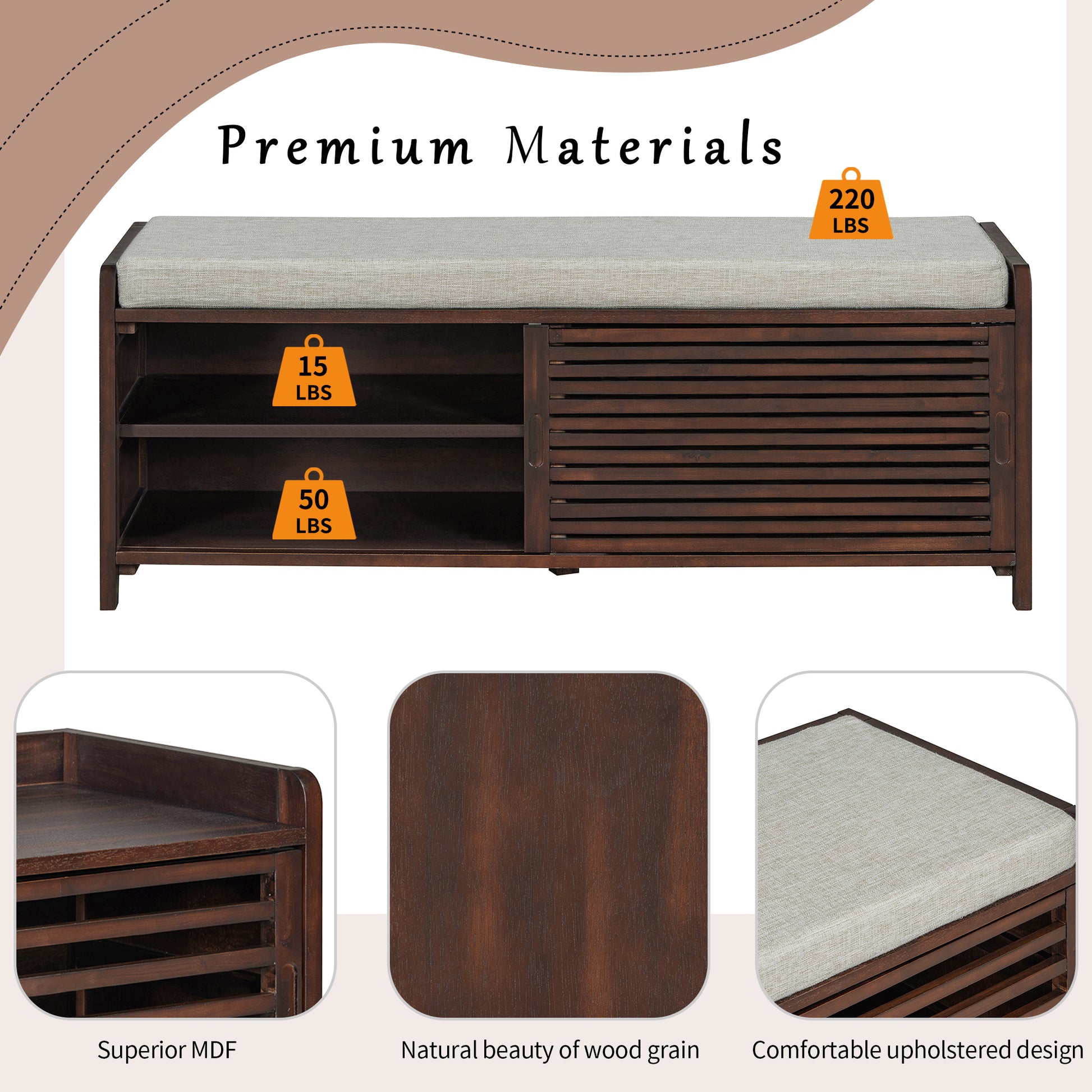 Distressed Shutter Storage Bench With Acacia Veneer For Retro Charm For Living Room, Entryway Espresso Espresso Mdf