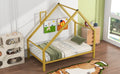 Twin Size Metal House Platform Bed With Roof And Chimney, Gold Box Spring Not Required Twin Gold Metal Bedroom Bed Frame Metal