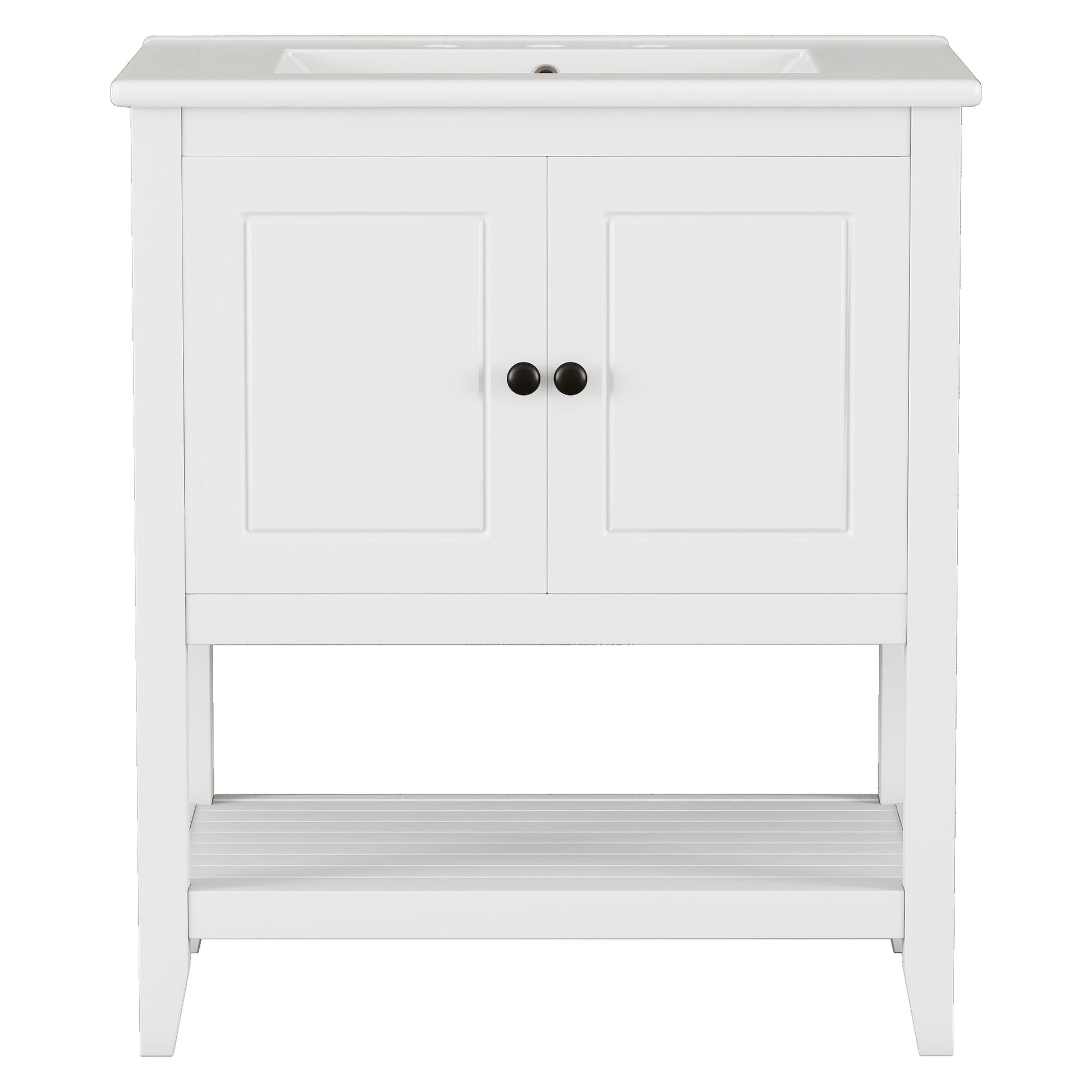 30" White Modern Sleek Bathroom Vanity Elegant Ceramic Sink With Solid Wood Frame Open Style Shelf & Door Shelf Design White Solid Wood