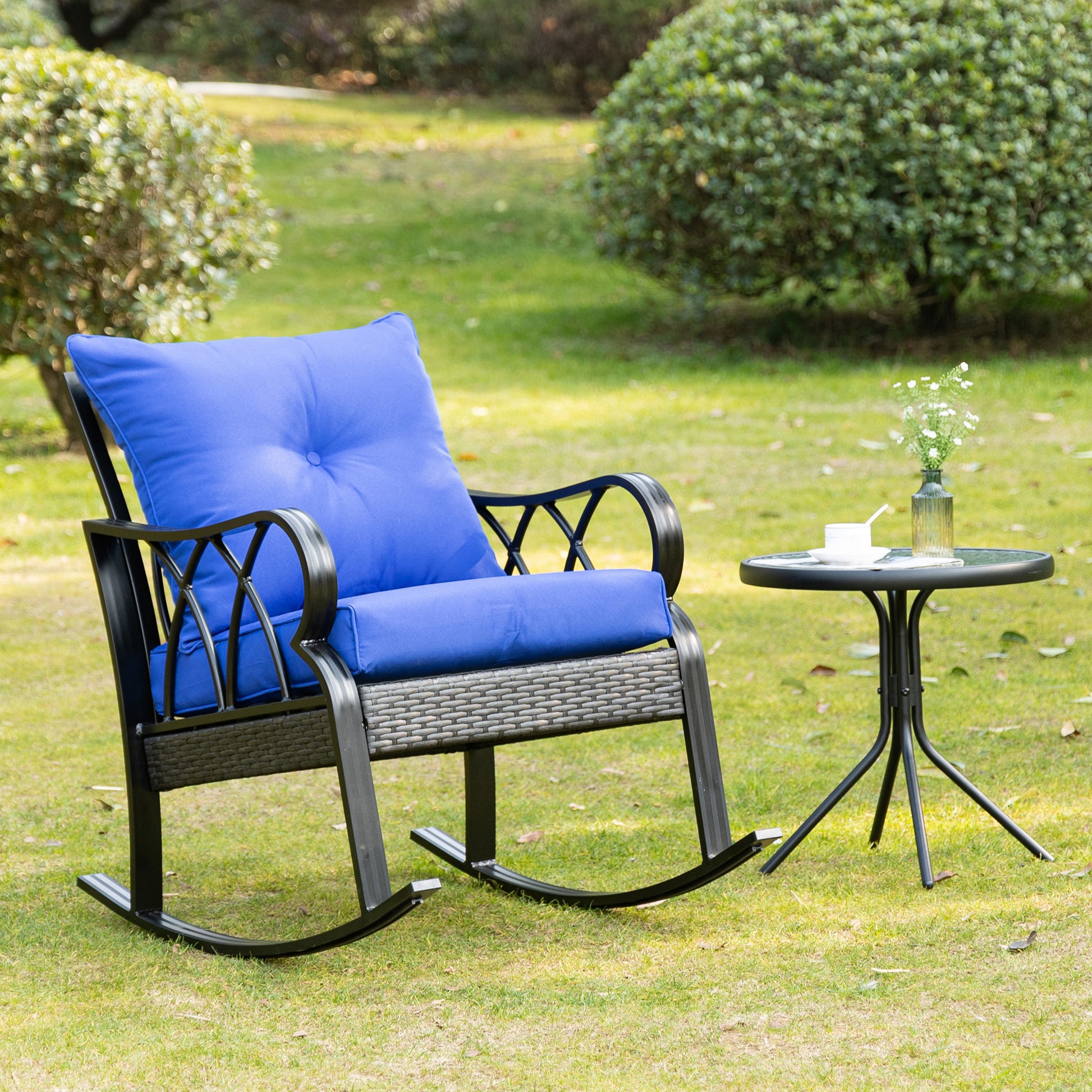 Outsunny Outdoor Wicker Rocking Chair With Padded Cushions, Aluminum Furniture Rattan Porch Rocker Chair W Armrest For Garden, Patio, And Backyard, Blue Blue Aluminum