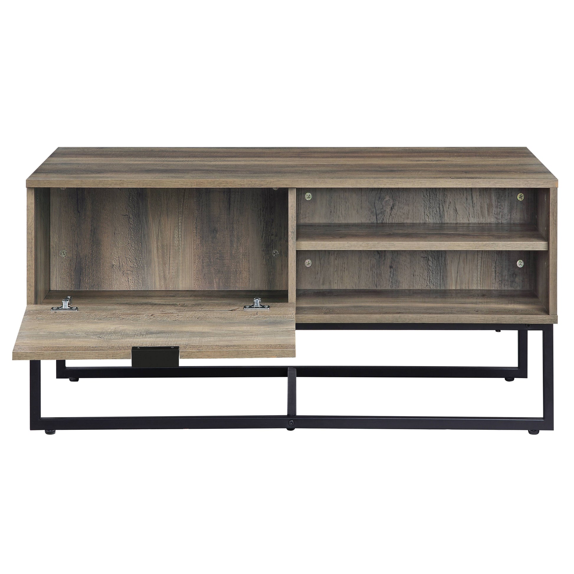 Rustic Oak And Black Coffee Table With Open Storage Rustic Primary Living Space Oak Drawers Rectangular Wood Metal