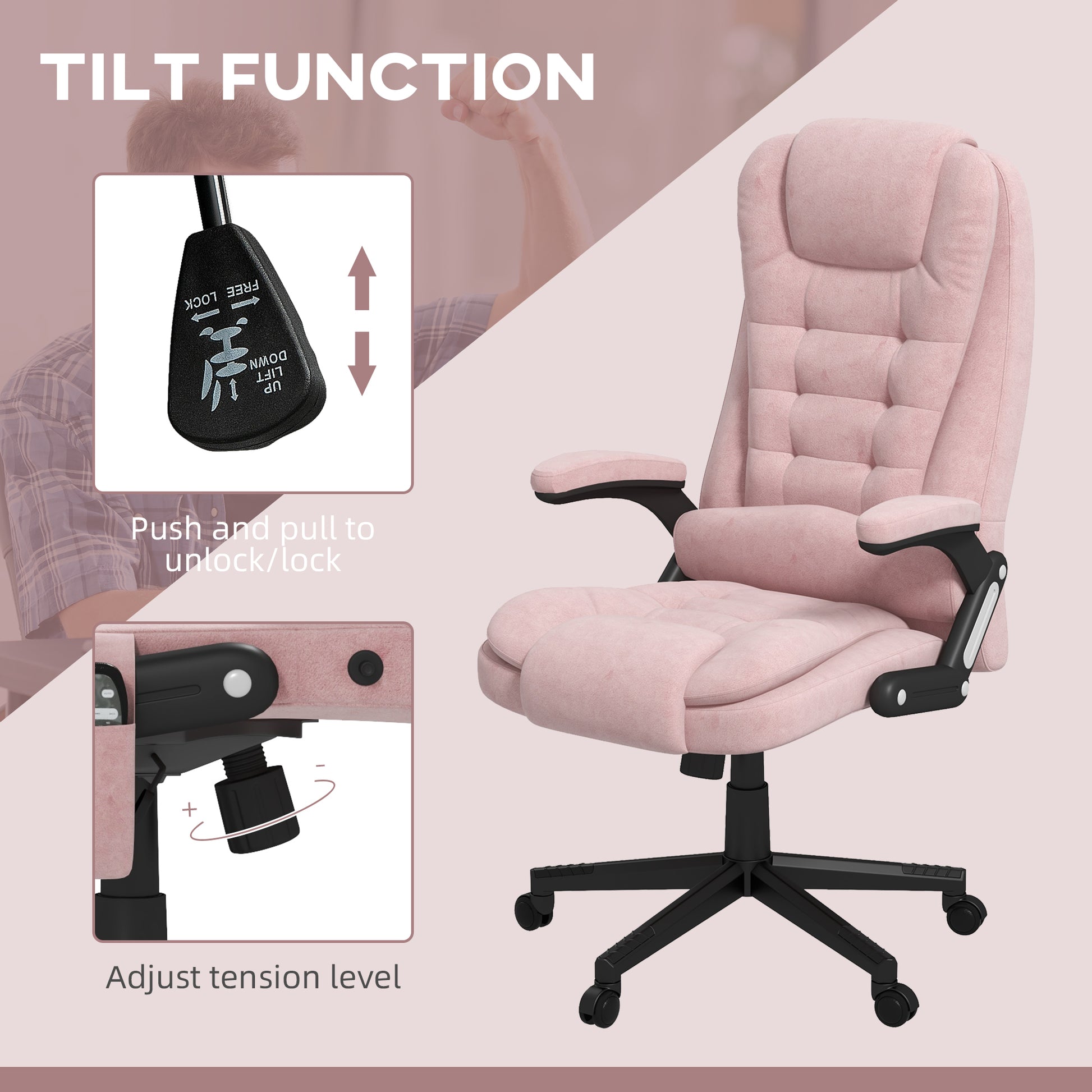 Homcom 6 Point Vibrating Massage Office Chair With Heat, Velvet High Back Executive Office Chair With Reclining Backrest, Padded Armrests And Remote, Pink Pink Polyester