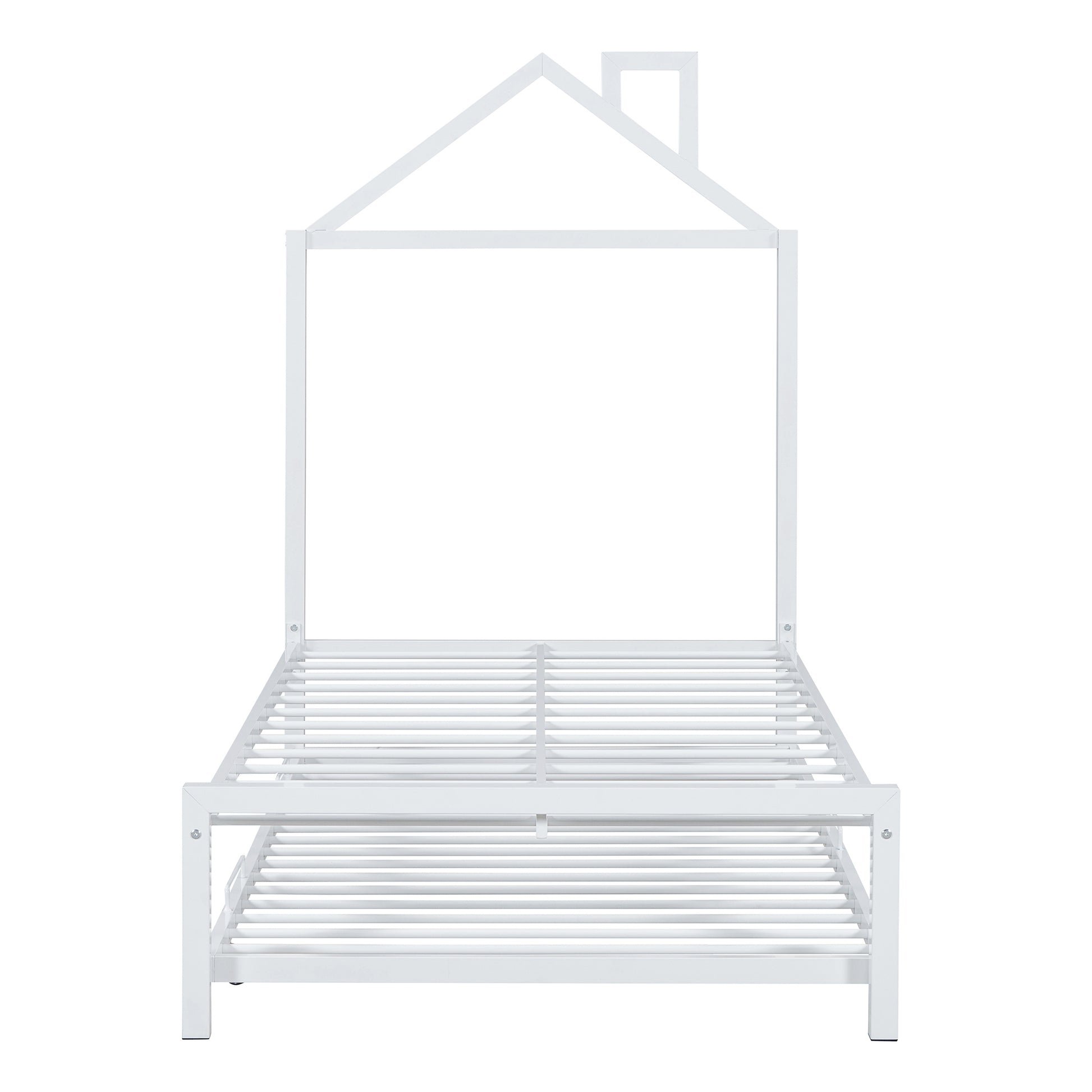 Twin Size Metal Platform Bed With Twin Size Trundle,House Shaped Headboard Design, White Twin White Metal