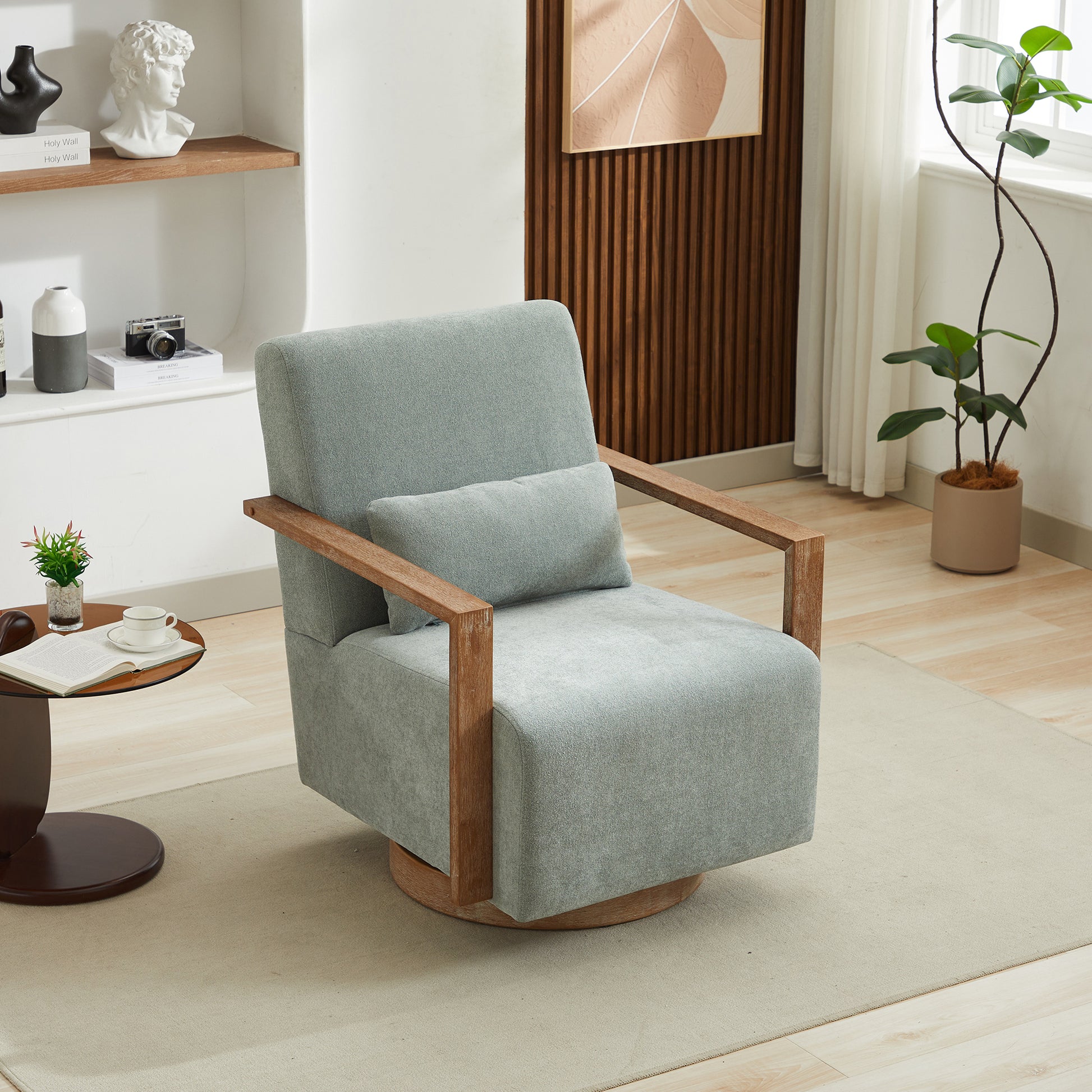 30.3"W Swivel Modern Upholstered Accent Chair With Solid Wood Armrests And 360 Degree Comfy Lounge Reading Chair, Side Armchair For Hotel, Bedroom, Living Room, Office, And Nursery Room.Pale Green Pale Green Linen Blend
