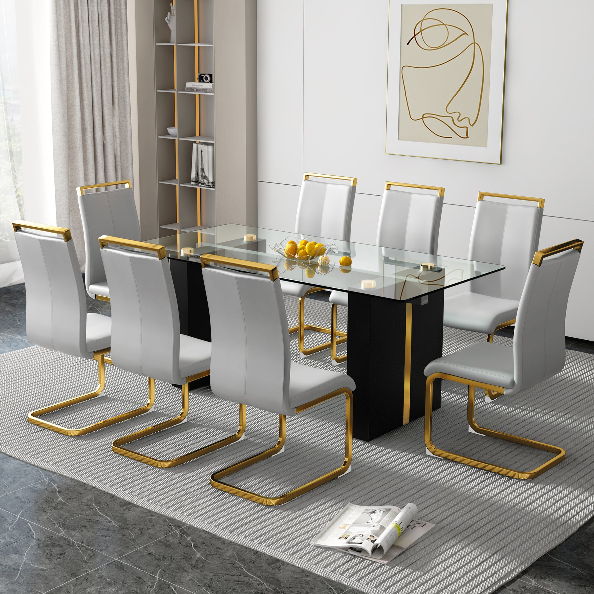 Table And Chair Set, Large Modern Minimalist Rectangular Glass Table, Can Accommodate 6 8 People, Equipped With Tempered Glass Tabletop And Large Mdf Table Legs, Comfortable And Minimalist Chairs. Transparent Mdf Glass