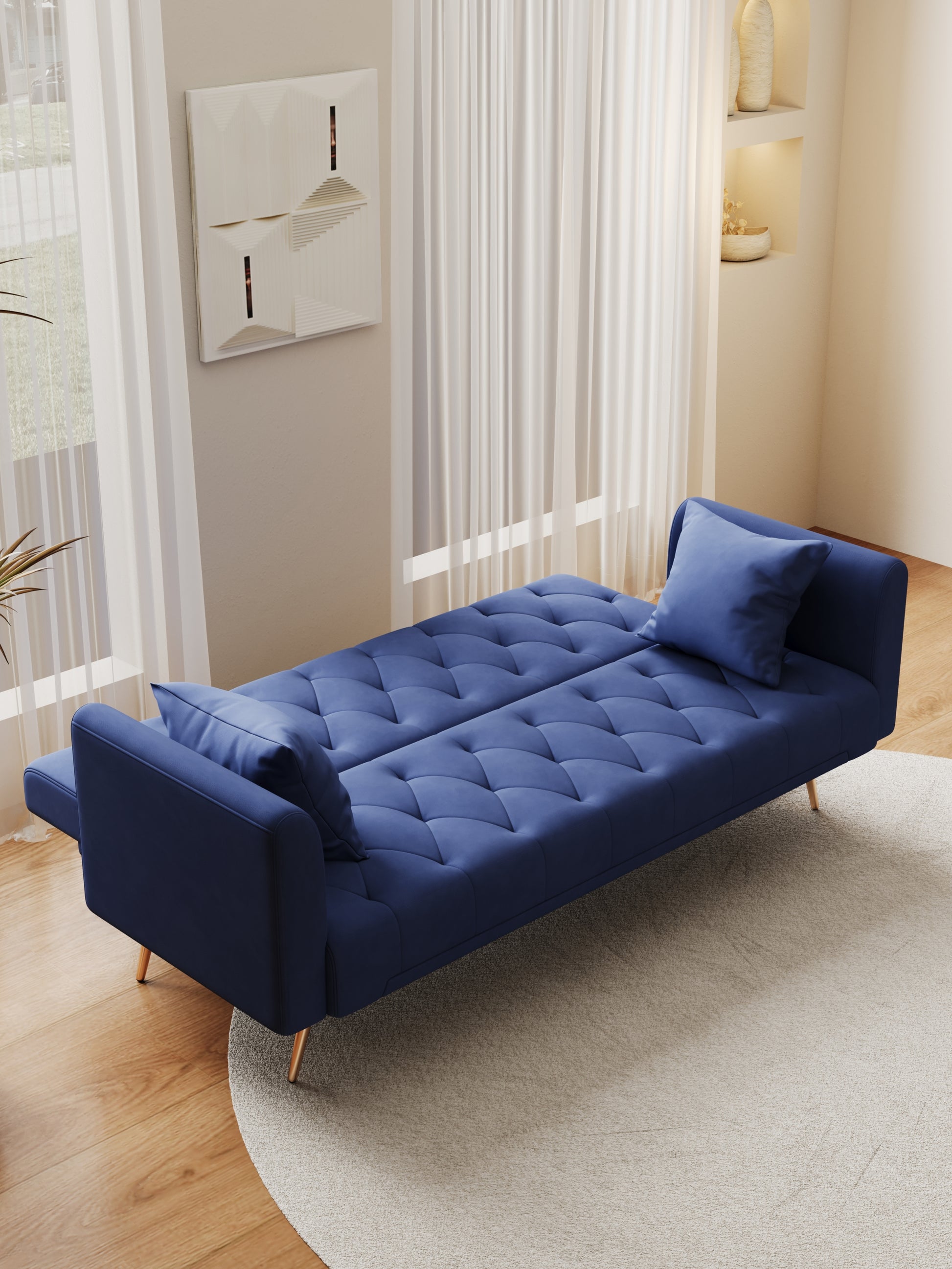 71 Inch Convertibleseat Sofa, American Retro Blue Velvet Material, Suitable For Small Living Room, Bedroom, Office Blue Velvet 2 Seat