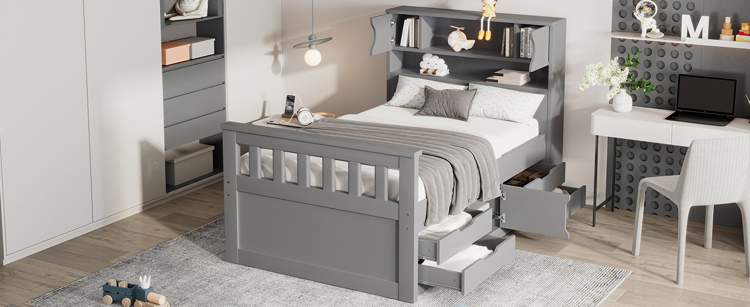 Twin Size Captain Platform Bed Frame With Storage Bookcases And Shelves,Four Drawers, Gray Twin Gray Solid Wood Mdf