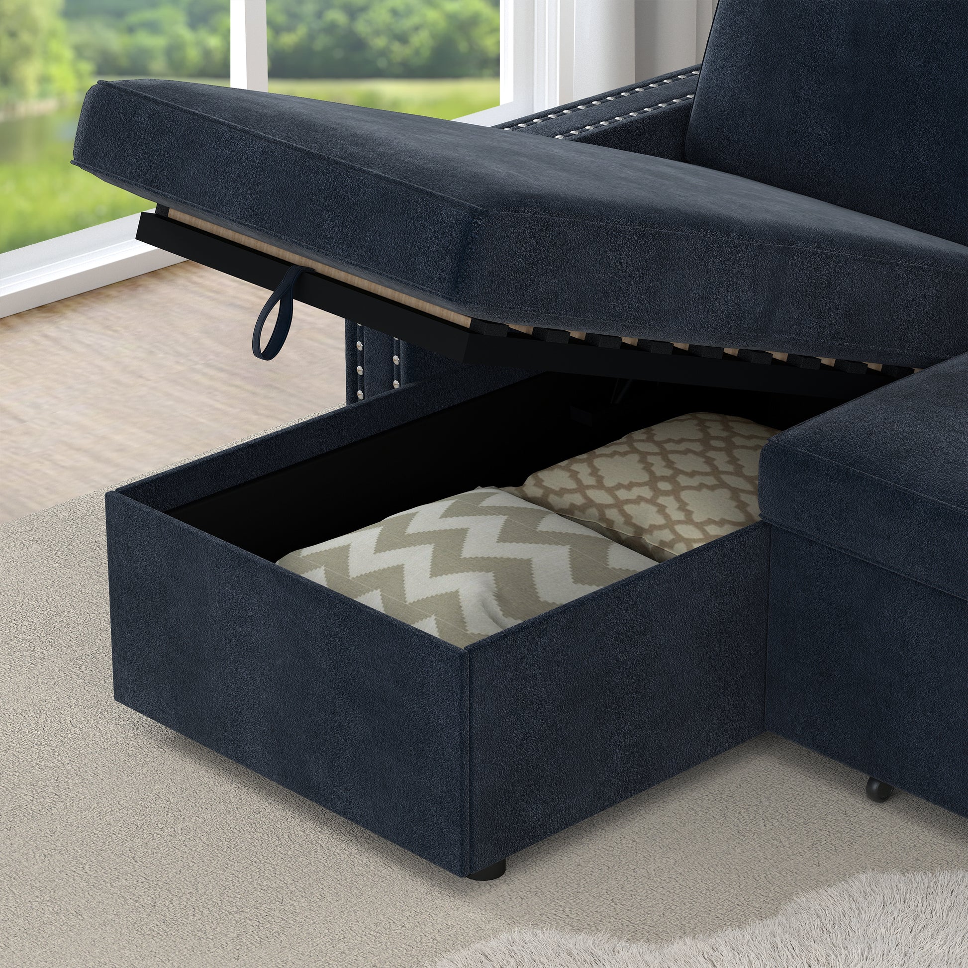 85 Inches Sofa Bed, 3 Seater Sleeper Sofa With Storage Chaise, Square Handrail With Pull And Copper Nail,Chenille, Pull Out Couch For Living Room Blue Chenille 3 Seat