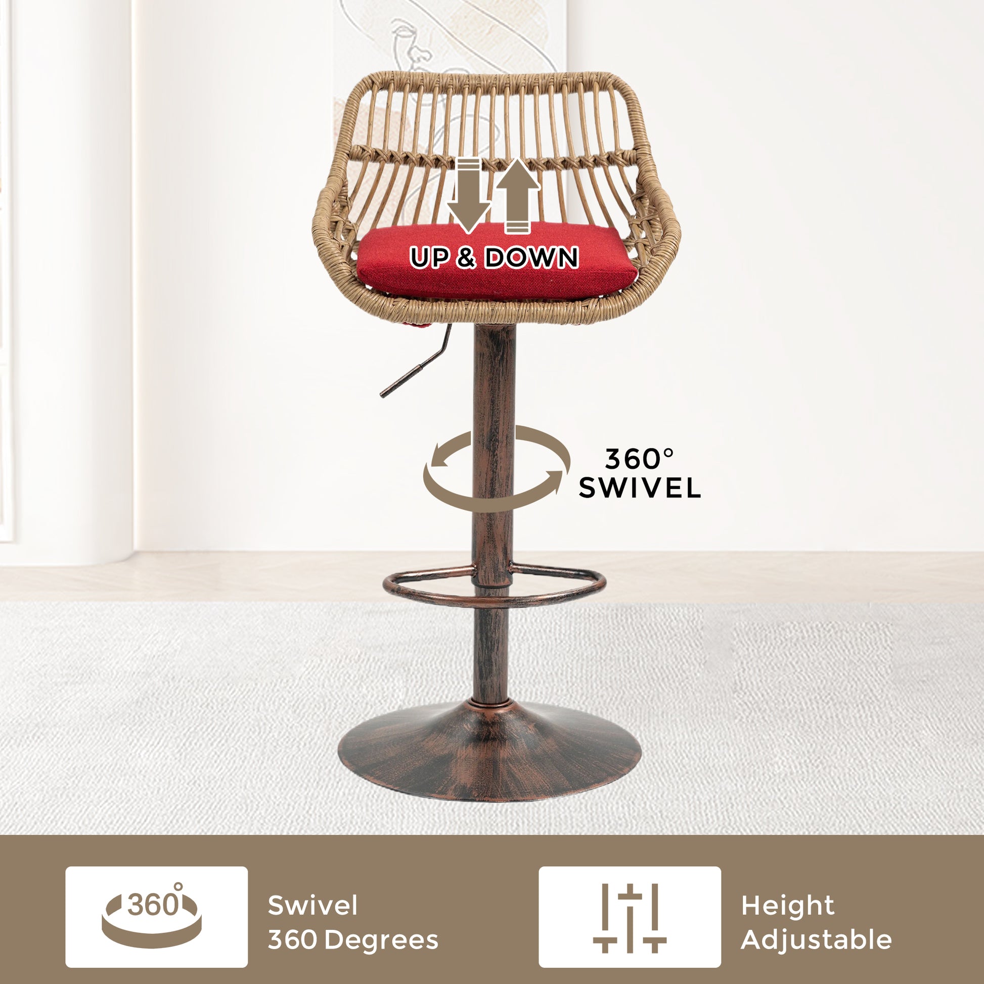 Coolmore Modern Swivel Bar Stools Set Of 2 Adjustable Counter Height Chairs With Footrest For Kitchen, Dining Room Red Red Primary Living Space Linen