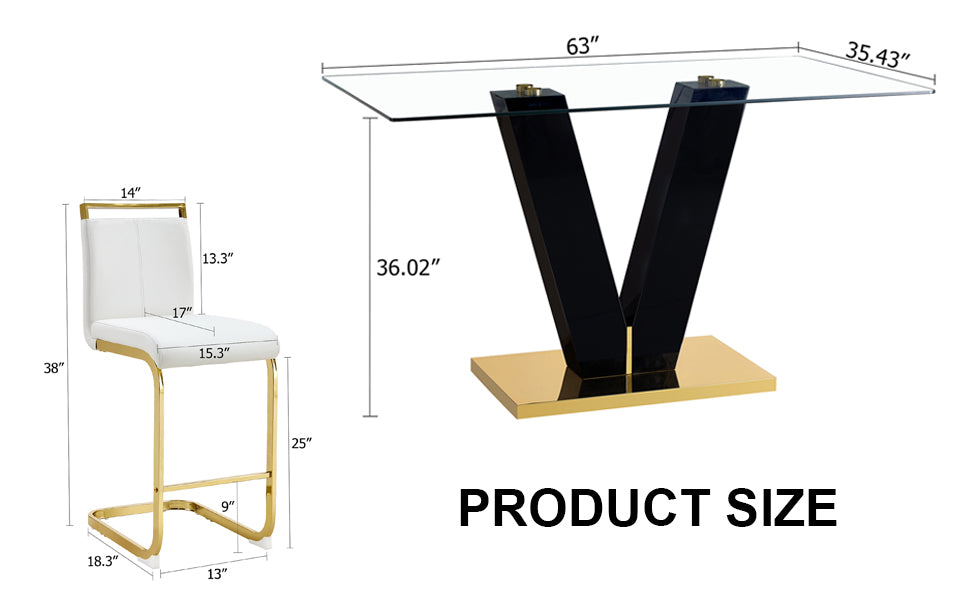 Table And Chair Set. A Rectangular Glass Dining Table With A 0.4 Inch Tempered Glass Tabletop And Mdf Board V Shaped Bracket, Paired With Chairs Consisting Of Pu Seat Cushions And Golden Metal Legs. White Black Seats 4 Tempered Glass