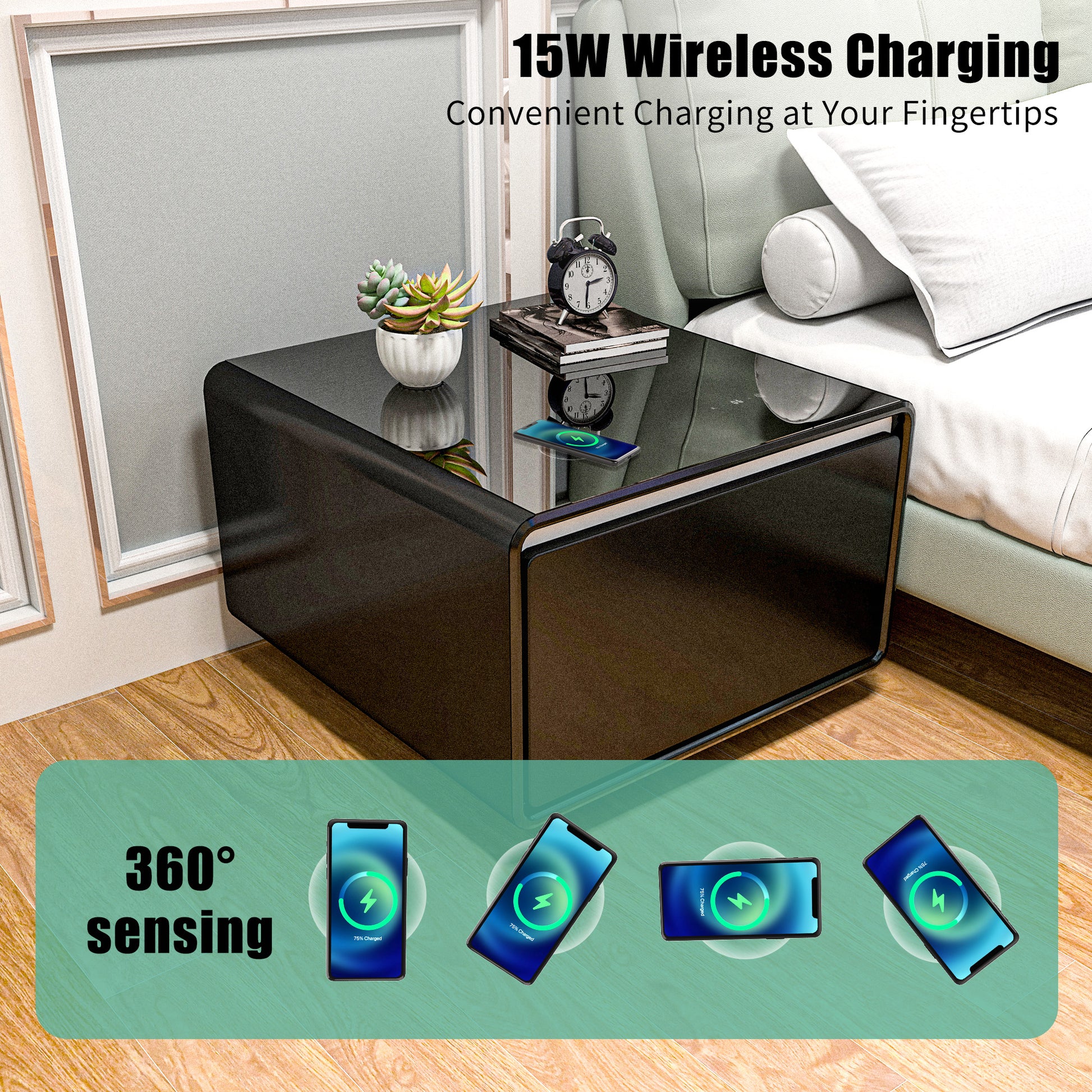 Modern Smart Side Table With Built In Fridge, Wireless Charging, Temperature Control, Power Socket, Usb Ports, Outlet Protection, Induction Light, Black Black Built In Outlets Or Usb Standing Desk Converter Primary Living Space Luxury,Modern Freestanding