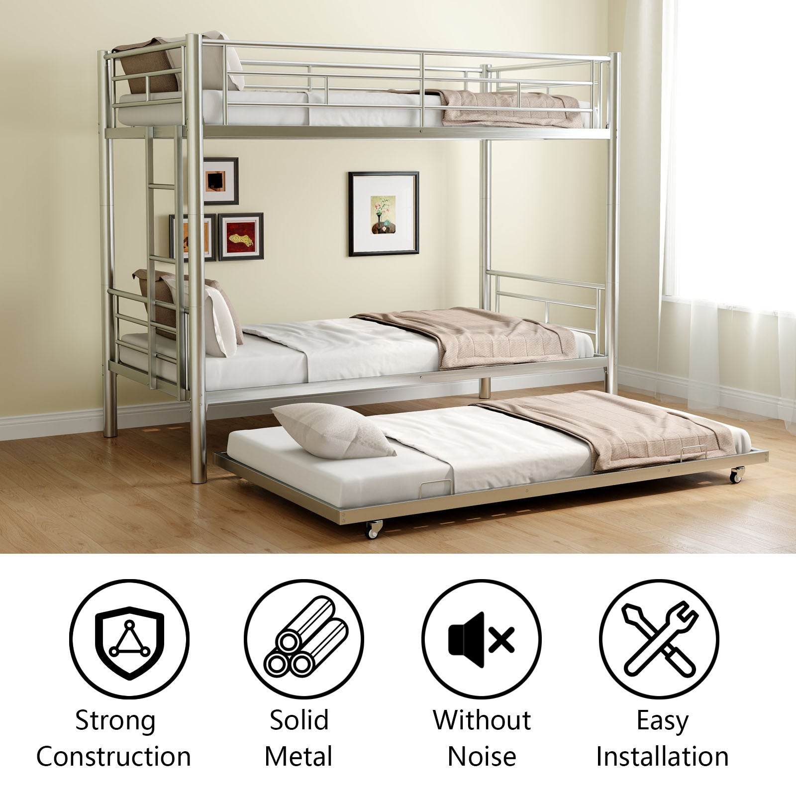 Heavy Duty Sturdy Meta Twin Over Twin With Trundle Bunk Bed L Noise Reduced Safety Guardrail No Box Spring Needed,Gray Silver Twin Gray Silver Metal