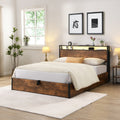Lift Up Storage Bed Frame, Queen Size Bed Frame With Bookcase Headboard & Led Lights, Wooden Platform Bed Frame With Charging Station, No Spring Box Needed, Rustic Brown Box Spring Not Required Queen Rustic Brown Metal Brown Bedroom Industrial Bed Frame