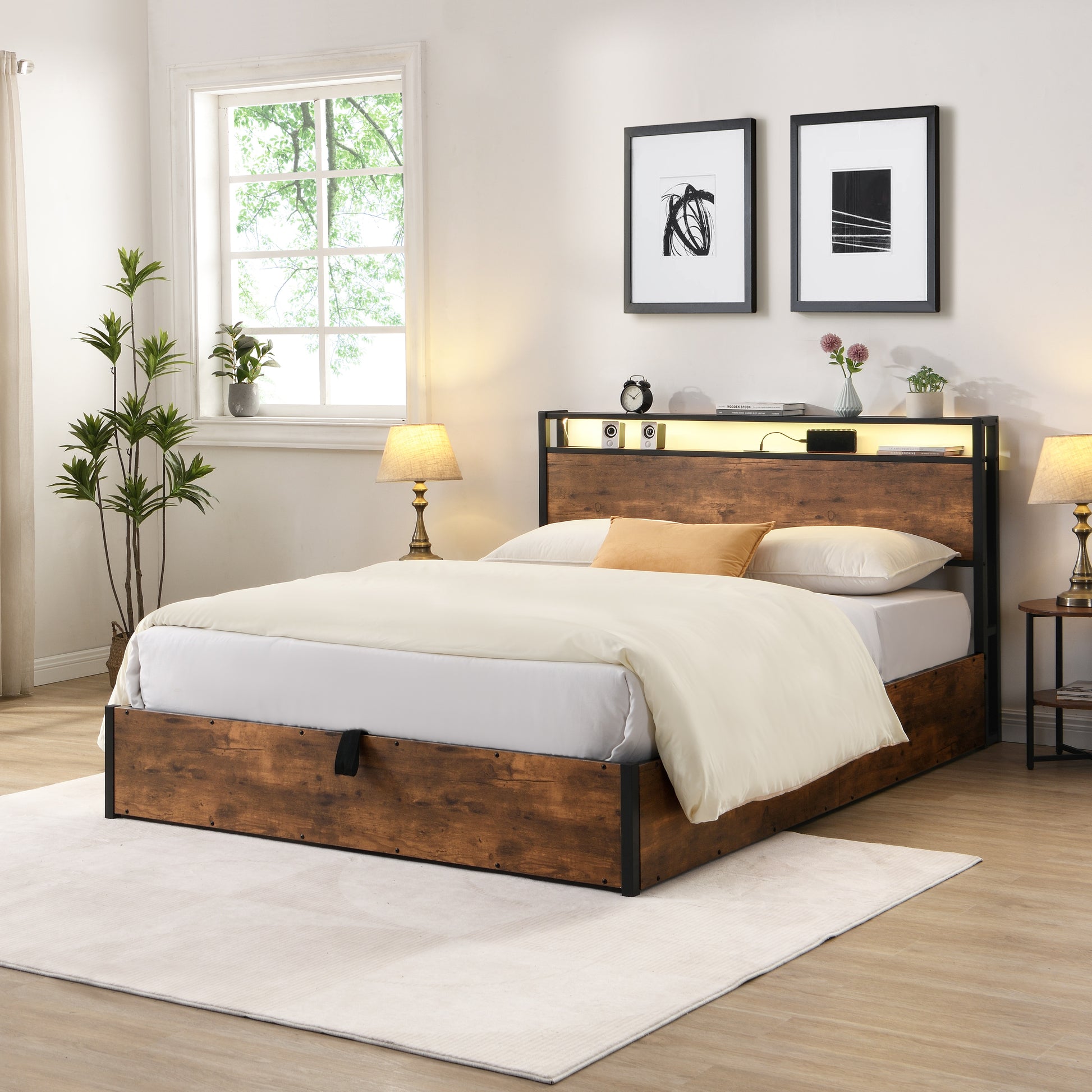 Lift Up Storage Bed Frame, Queen Size Bed Frame With Bookcase Headboard & Led Lights, Wooden Platform Bed Frame With Charging Station, No Spring Box Needed, Rustic Brown Box Spring Not Required Queen Rustic Brown Metal Brown Bedroom Industrial Bed Frame