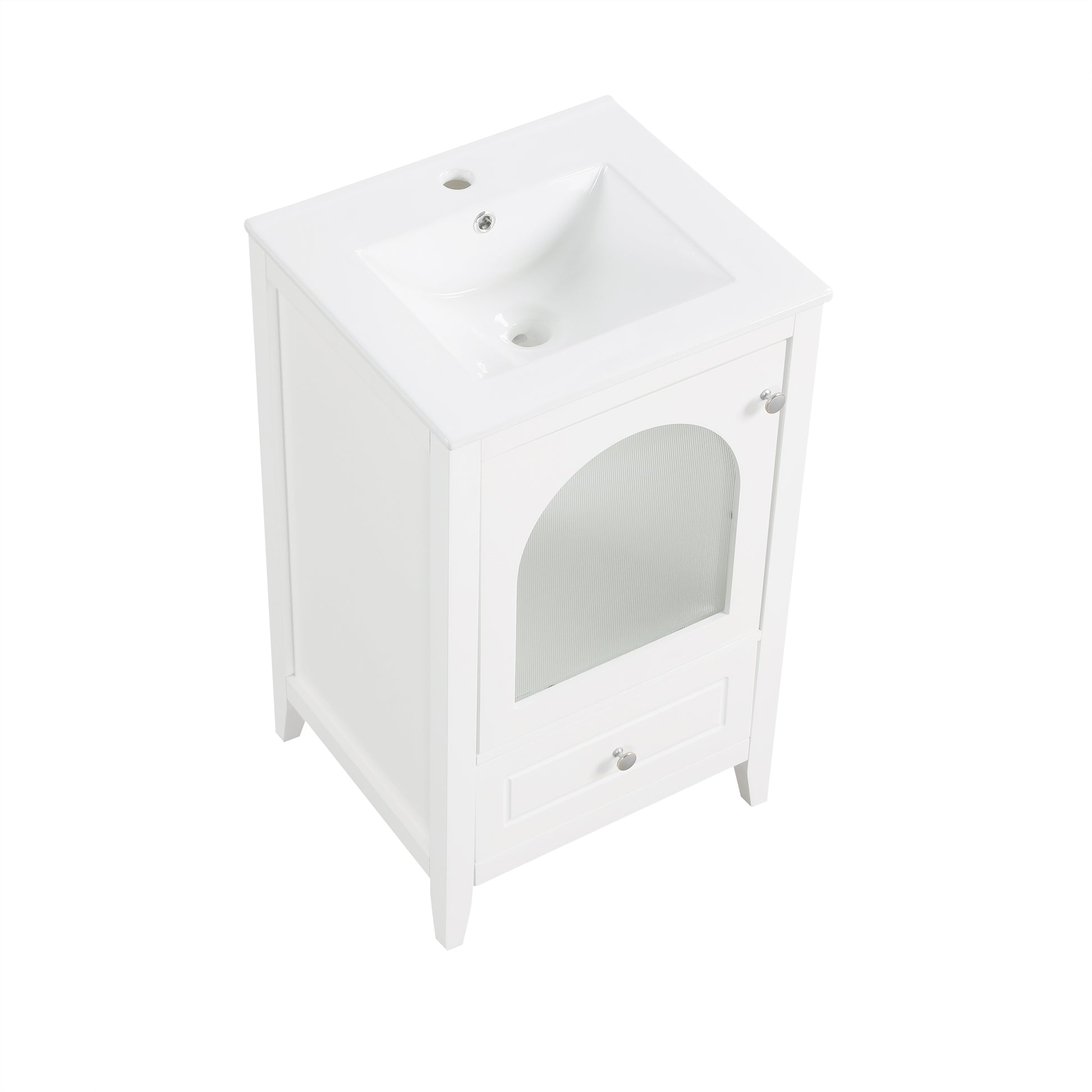 20" Bathroom Vanity With Sink, Bathroom Cabinet With Soft Closing Glass Door, A Drawer, White White Mdf