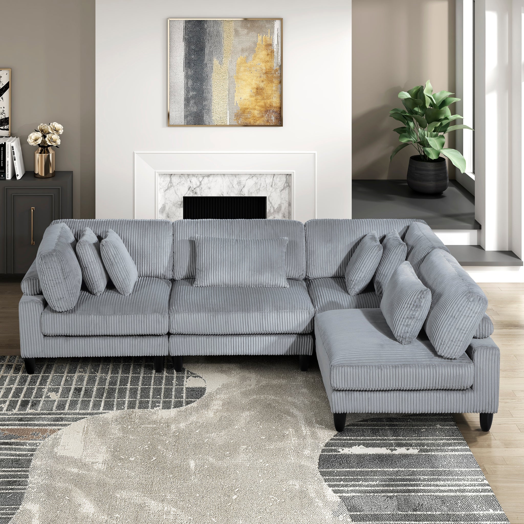 Living Room Furniture 4 Piece Modular Sectional Sofa Set Gray Corduroy Soft Cushion Pillows Solid Wood Legs Gray Primary Living Space Contemporary,Modern Plywood,Solid Wood 4 Seat