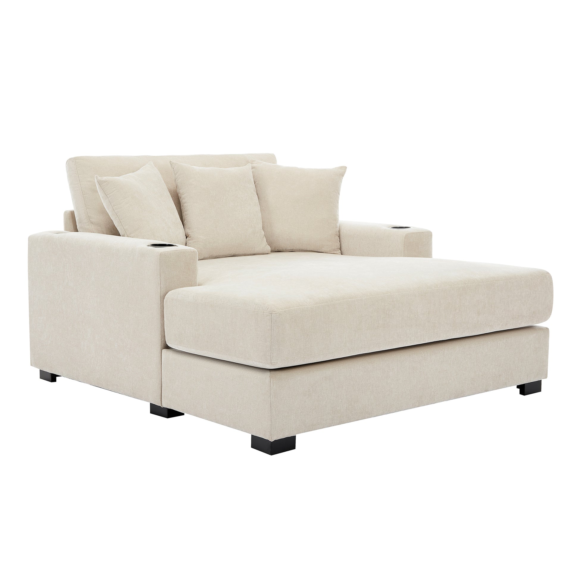 55" Oversized Chaise Lounger Modern Style Sofa Couch ,With Pillows, Charge Station & Cup Holders, Chenille Fabric, Cream Cream Chenille