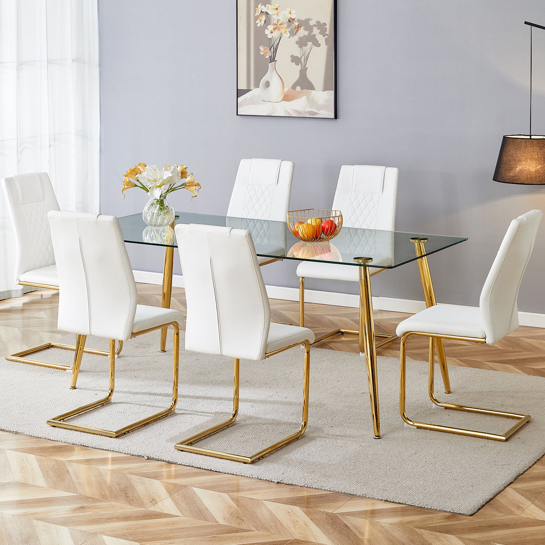 Table And Chair Set.Modern Rectangular Glass Dining Table With A Tempered Glass Tabletop And Metal Legs, Paired With Multiple Chairs Designed With Pu Cushions And Golden Metal Legs. White Gold Seats 6 Tempered Glass
